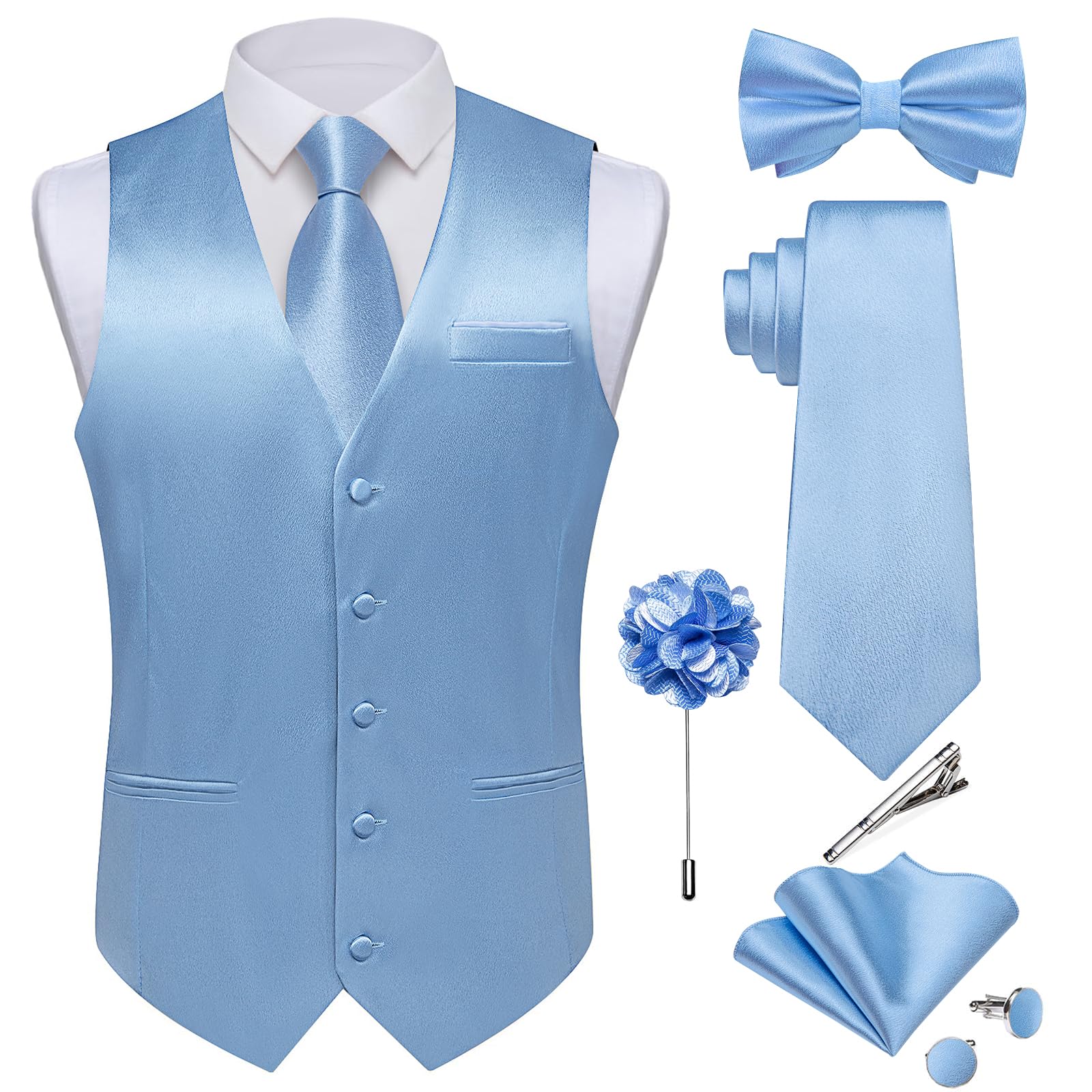 DiBanGu Mens Satin Suit Vest and Tie Set 8PCS Solid Waistcoat and Bowtie with Lapel Pin for Tuxedo Dress Vest Wedding Formal