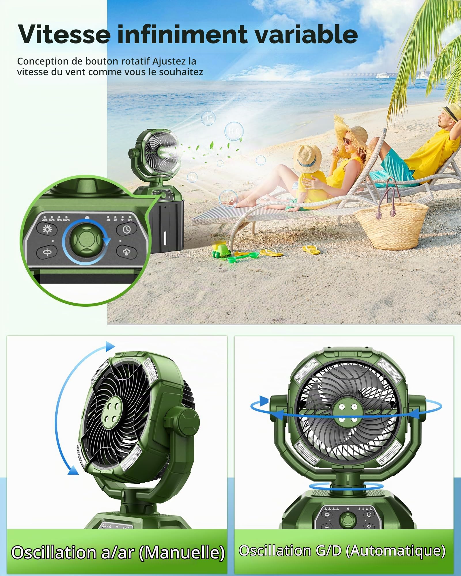 Ventilateur brumisateur avec seau de 7 L, ventilateur de camping rechargeable de 25 000 mAh, vitesse variable en continu, ventilateurs d'extérieur de 25,4 cm pour terrasse/camping, ventilateur de