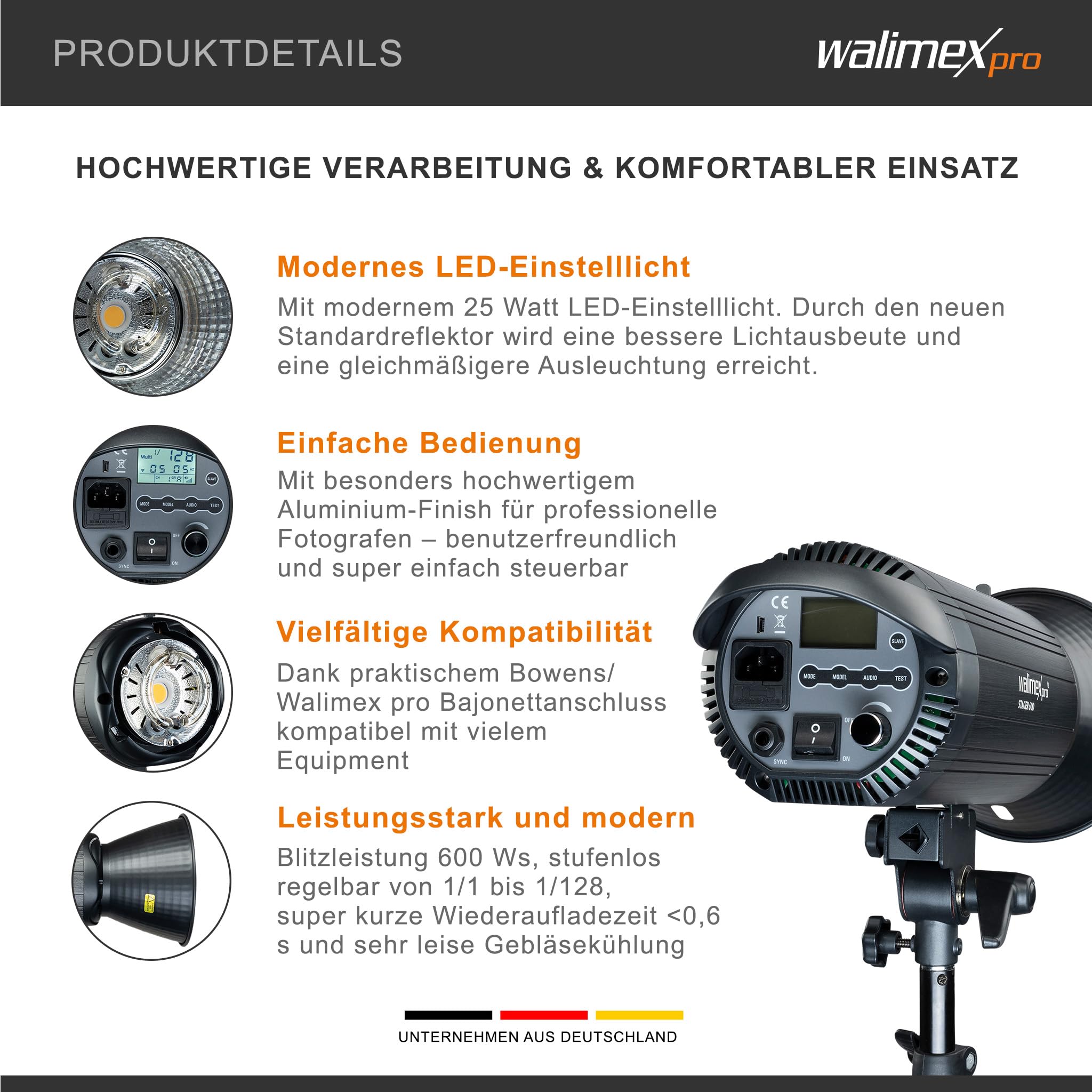 Walimex pro Campaigner 600 HS Studioblitz mit integriertem 2,4 GHz Empfänger, Blitzgerät 600 Ws mit Reflektor, Fotoblitz mit schneller Abbrennzeit, LED-Einstelllicht und Bedienpanel
