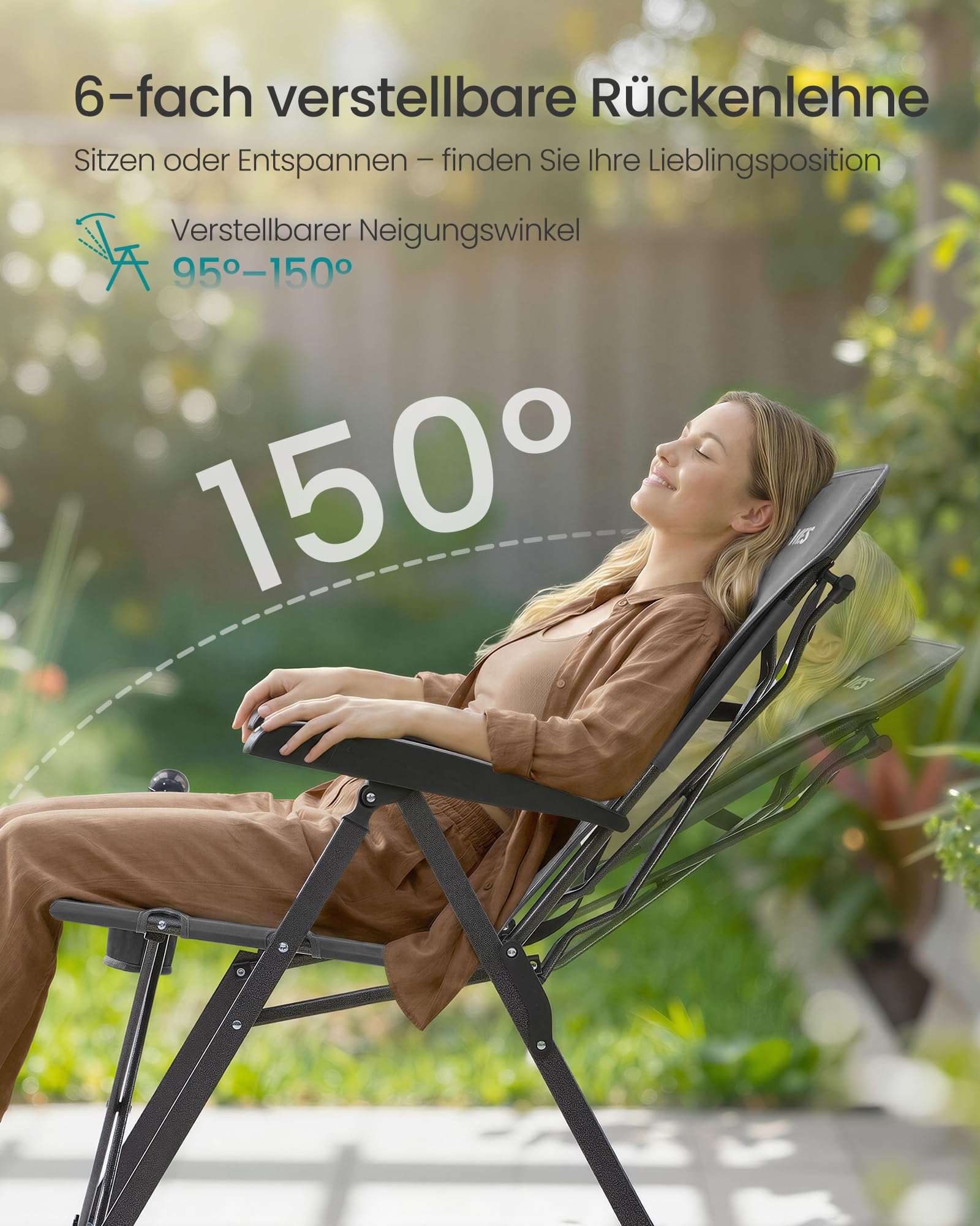 SONGMICS Campingstuhl faltbar, für Erwachsene, 95°-150° verstellbare Rückenlehne, Klappstuhl, drehbarer Getränkehalter, Tragetasche, Schultergurt, für Garten, Camping, Angeln, grau GCB015GZ01