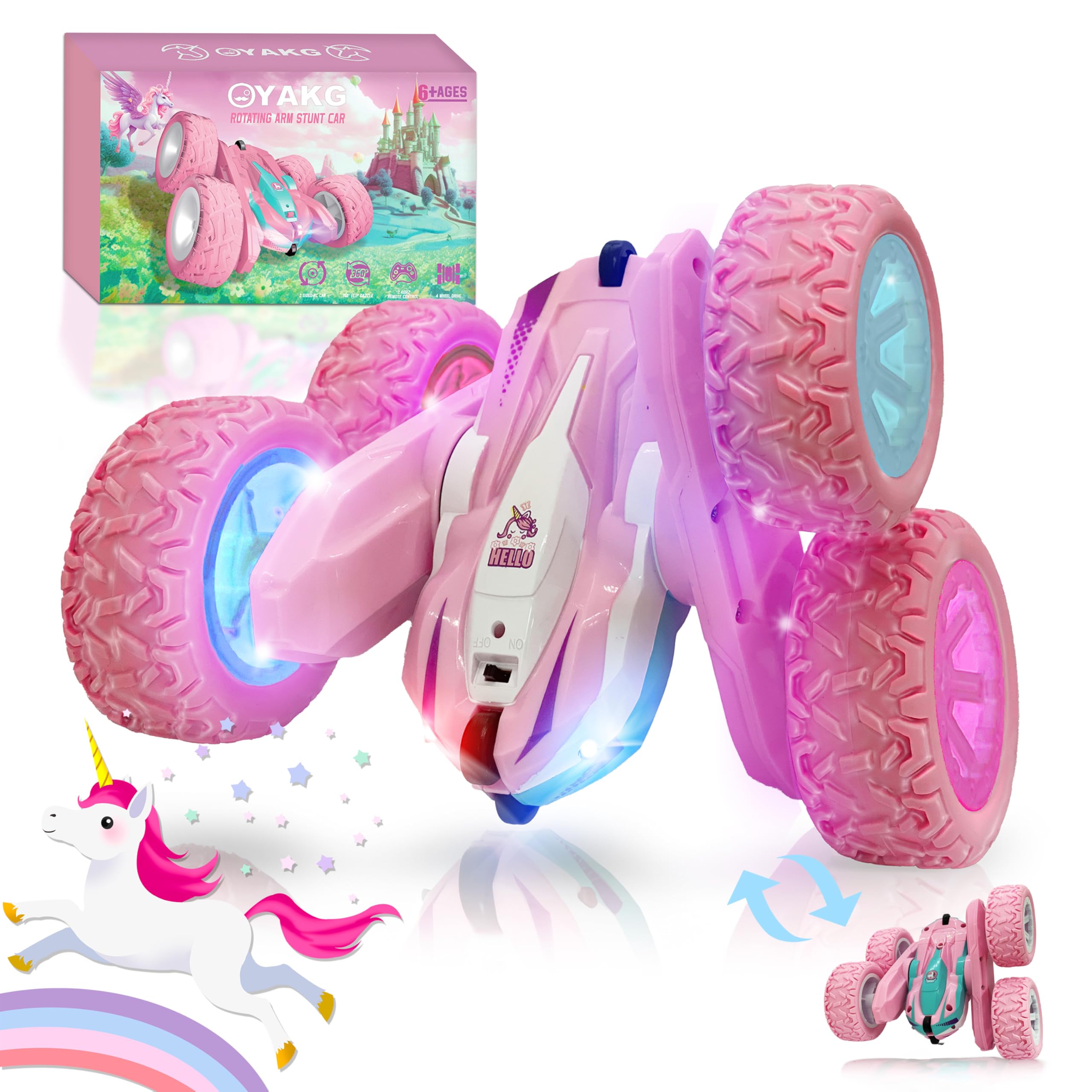 OYAKG Coche Teledirigido,4WD Unicornio Coche RC para Niños 3 4 5 6 7 8 9 10 años,Rosa Coche Radiocontrol 2.4GHz con 2 Bateria,Rotación 360° y Luz, Regalo para Niñas y Niños