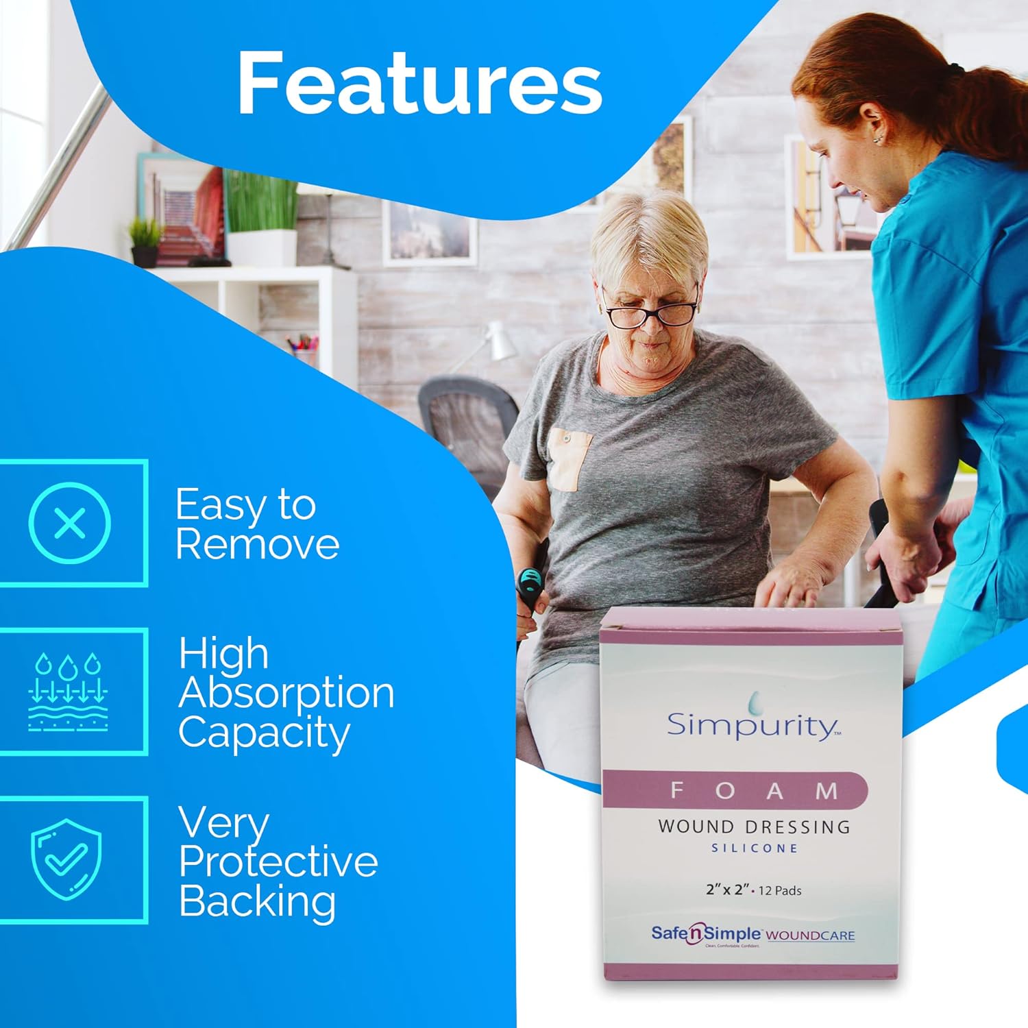 Safe n’ Simple Medical Foam Dressing for Wounds - 12 Pack Individual Thick Pads 4" x 6" - Highly Absorbent Medical Foam Padding for Wound Care - Non-Adherent Foam Dressing Without Border