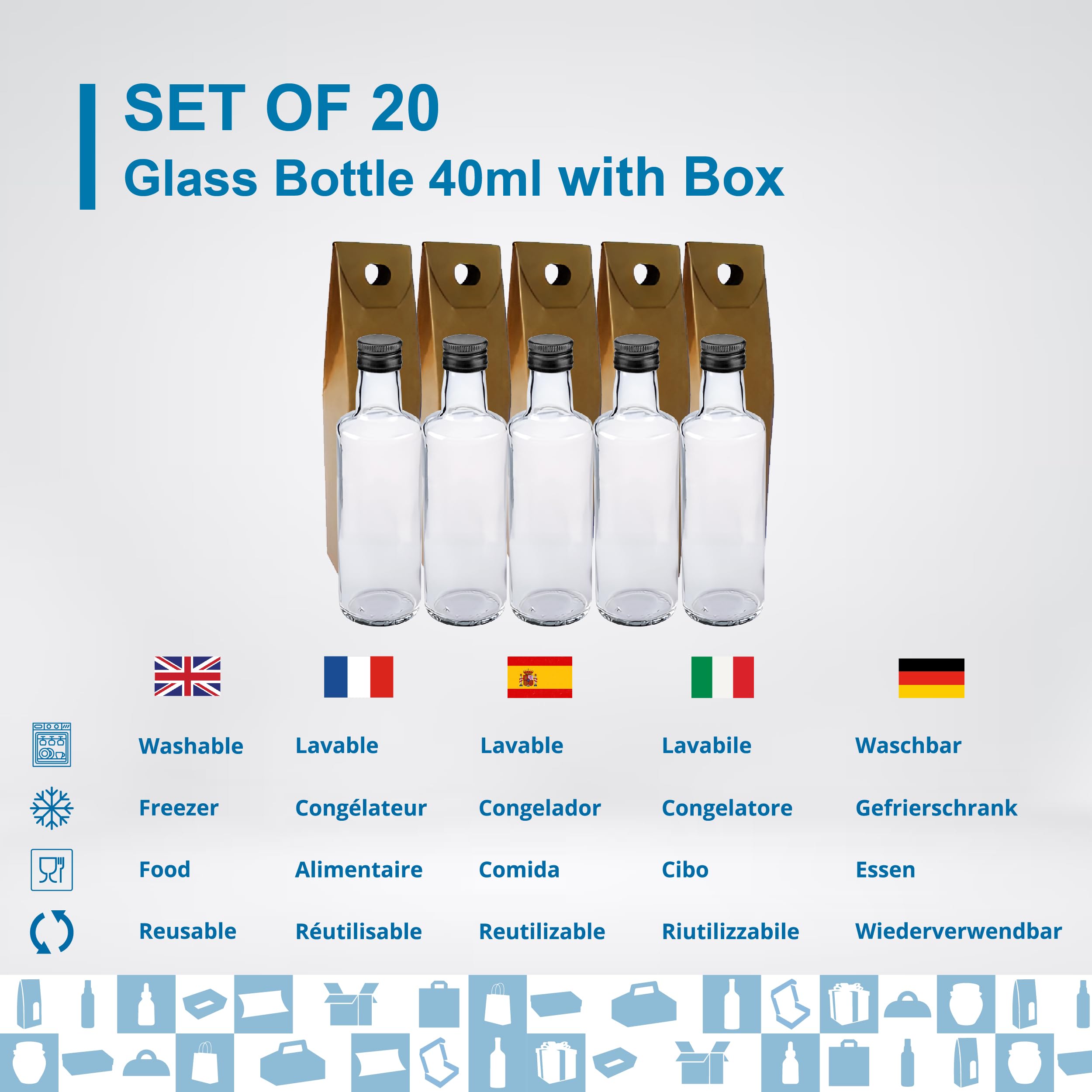 Espirito Rebelde 20 Minibotellas de Vidrio 40ml con Tapón de Rosca Negro + Caja | Mignonnettes de Alcohol 4cl, Pequeñas Fioles de Muestra | Ideal para Regalos, Bodas