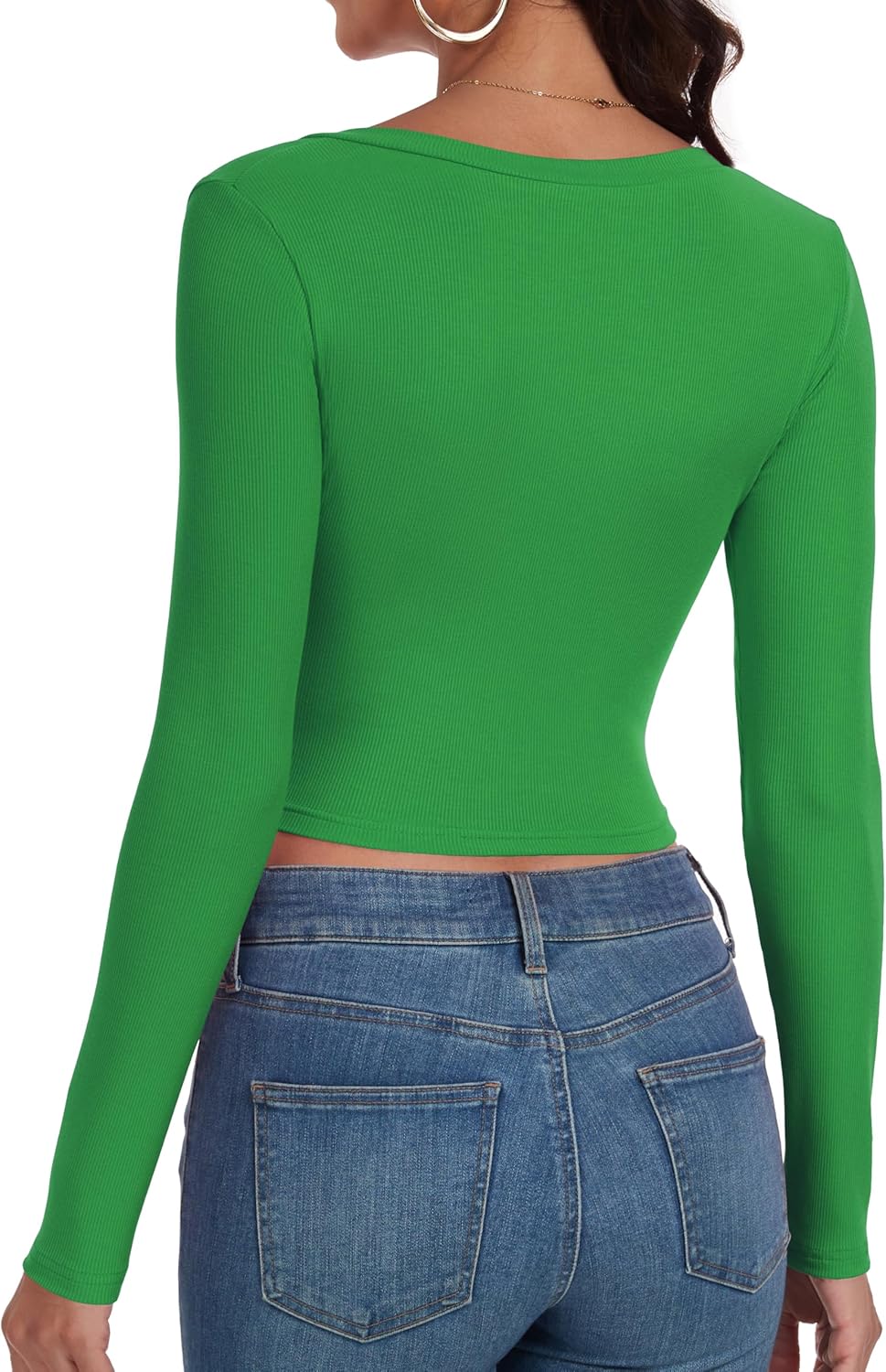 Artfish Women's Long Sleeve V Neck Crop Top Ribbed Knit Slim Fitted Basic T-Shirts - Image 2