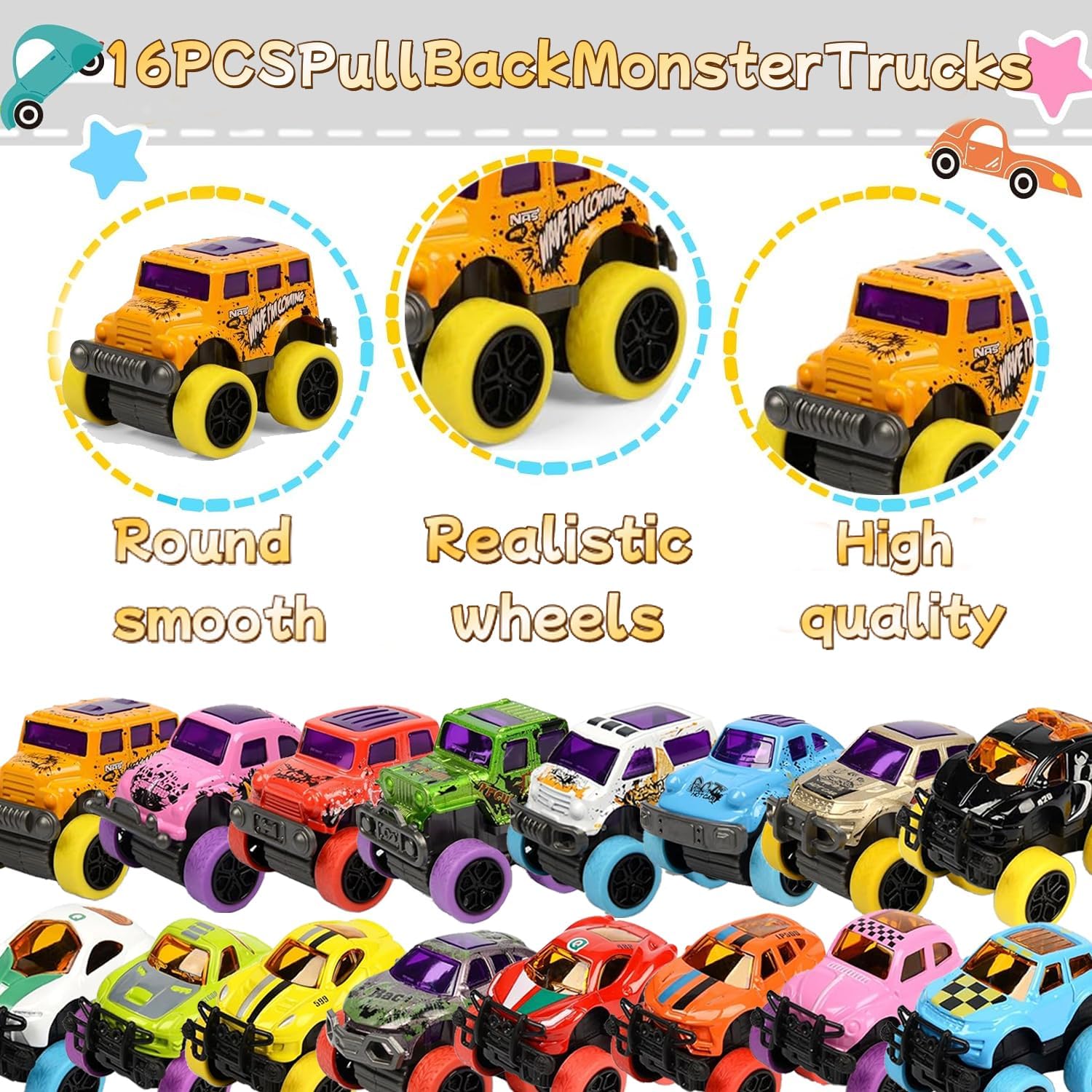16Pcs Mini Monster Truck Toys,Pull Back Alloy Trucks Party Favors, Die-cast Race Cars for Boys Girls Easter Eggs Fillers Birthday Bulk Gift Stocking Stuffers