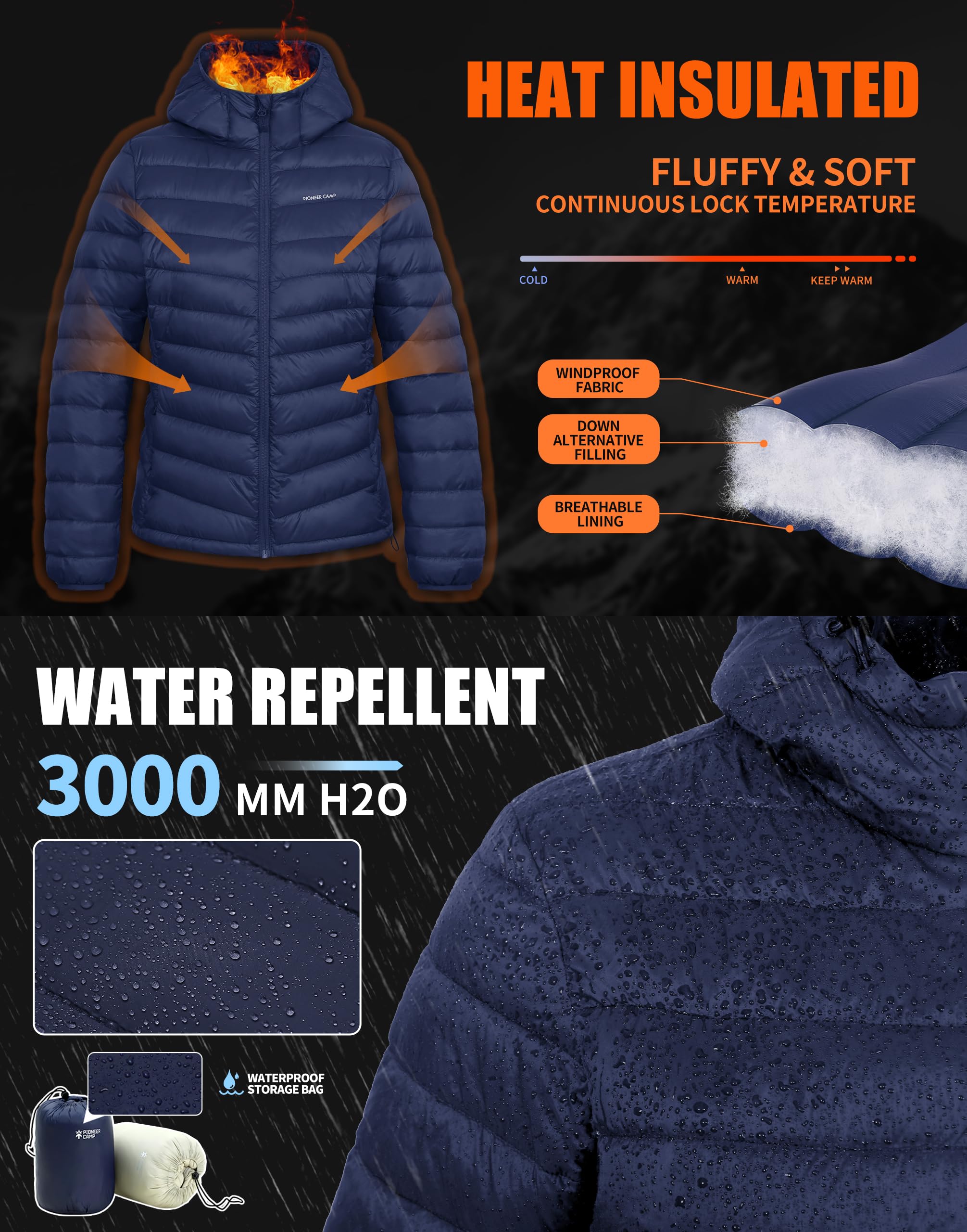 Pioneer Camp Doudoune d'hiver légère et imperméable avec capuche pour femme