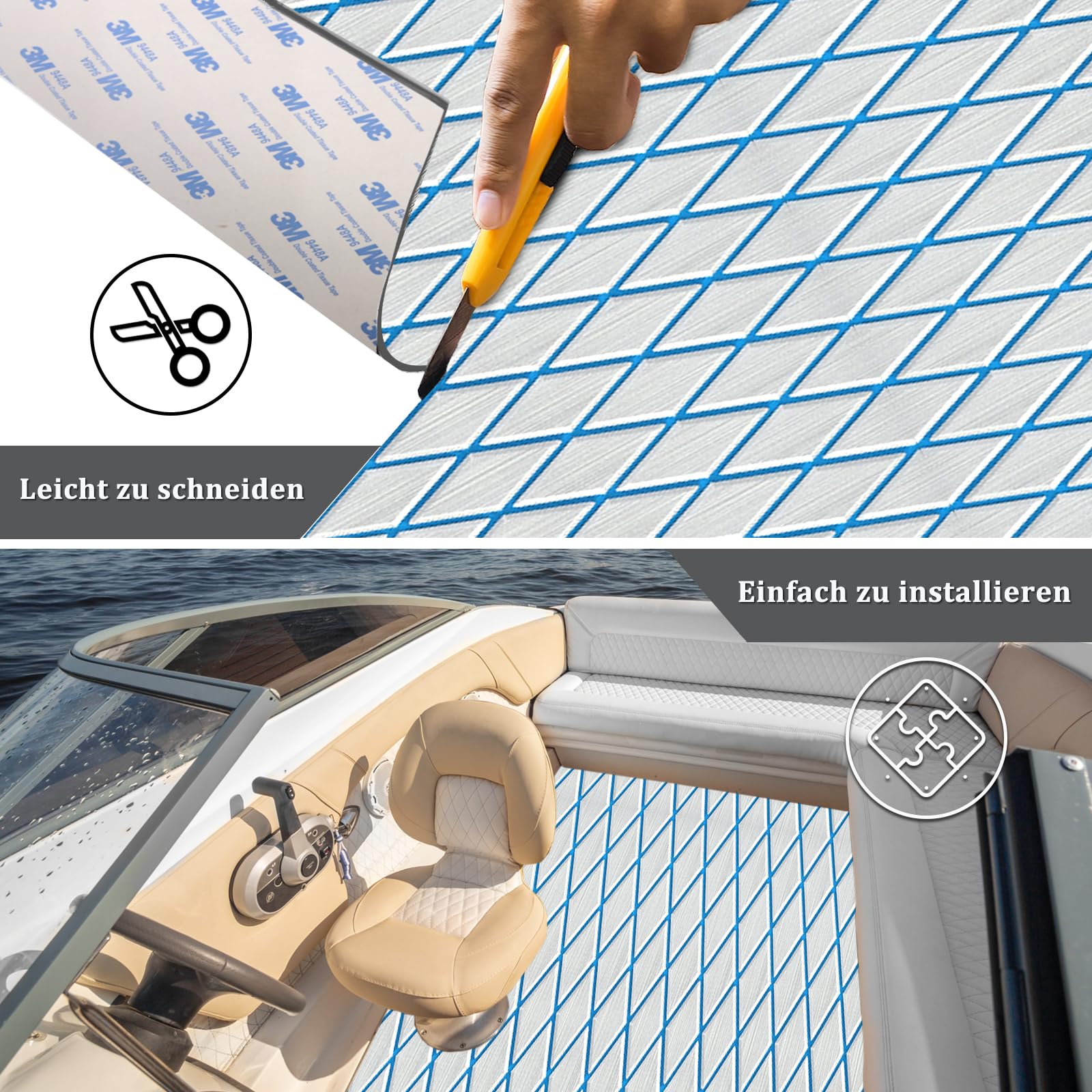 HXBYX Eva - Rivestimento per pavimento in schiuma con retro adesivo da 3 m, spessore 6 mm, con diamanti e marini, antiscivolo, per kayak, yacht, SwimPool RV, 240 x 112/72/40 cm