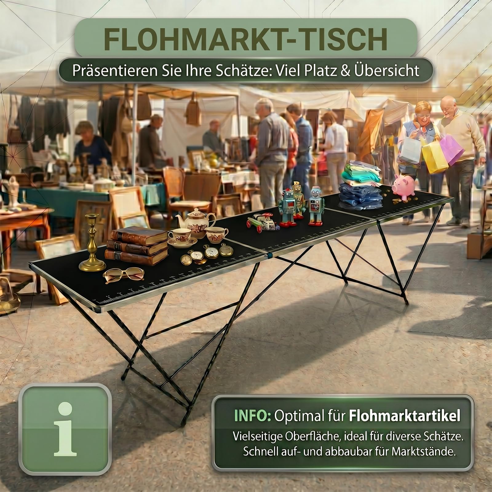 TRUTZHOLM Tapeziertisch klappbar aus Aluminium 300x60 cm | Mehrzwecktisch mit praktischer Messsskala | bis 30kg belastbar, stabile 3mm Dicke MDF-Platte
