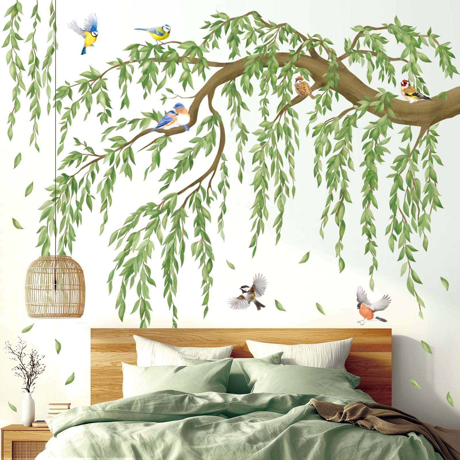 Decowall Tree Branch Wall Stickers With Birds And Hanging Leaves (Sg4-2521)