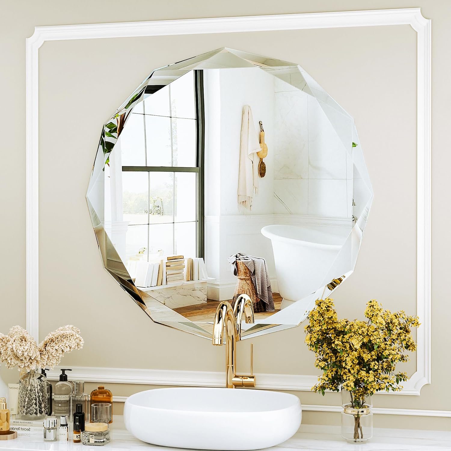 Suidia Bathroom Mirror, 20"x 20" Wall Mirror, Frameless Bathroom Mirror with Beveled Edge for Bedroom, Living Room, Entryway, Hallway, Round Shape