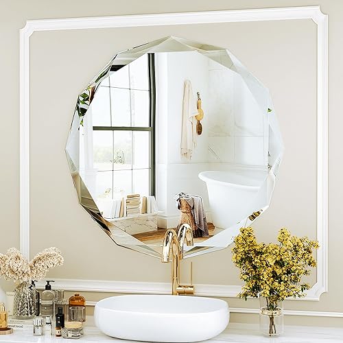 Miniatura 4 de Suidia Espejo de pared ovalado de 20 x 30 pulgadas, espejo de baño sin marco con borde de diamante, espejo de borde biselado irregular para