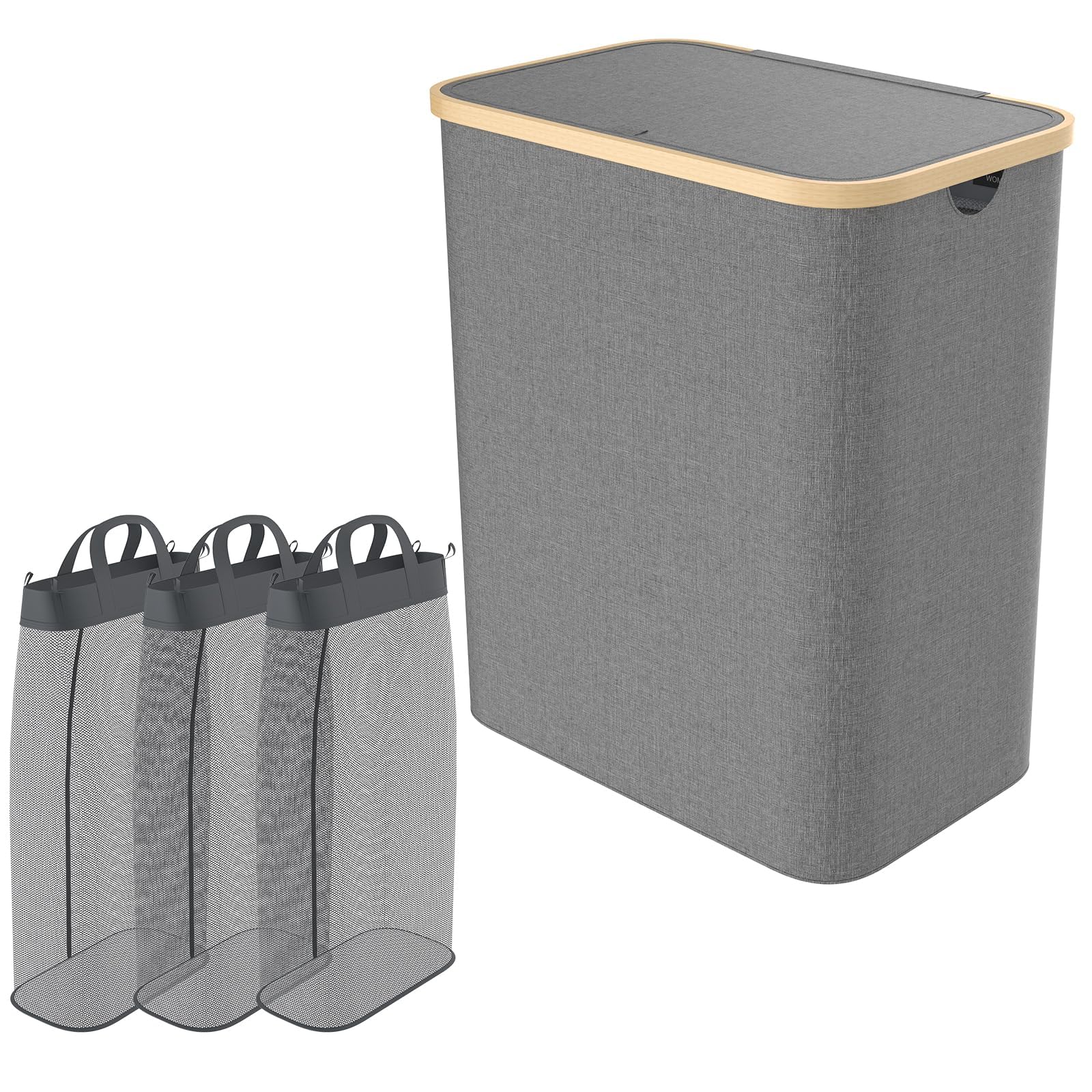 Cesto portabiancheria con coperchio, 140 l, con 3 scomparti, tasca interna lavabile con manici, sacco per la biancheria, cesto per la biancheria, laundry Basket, grigio