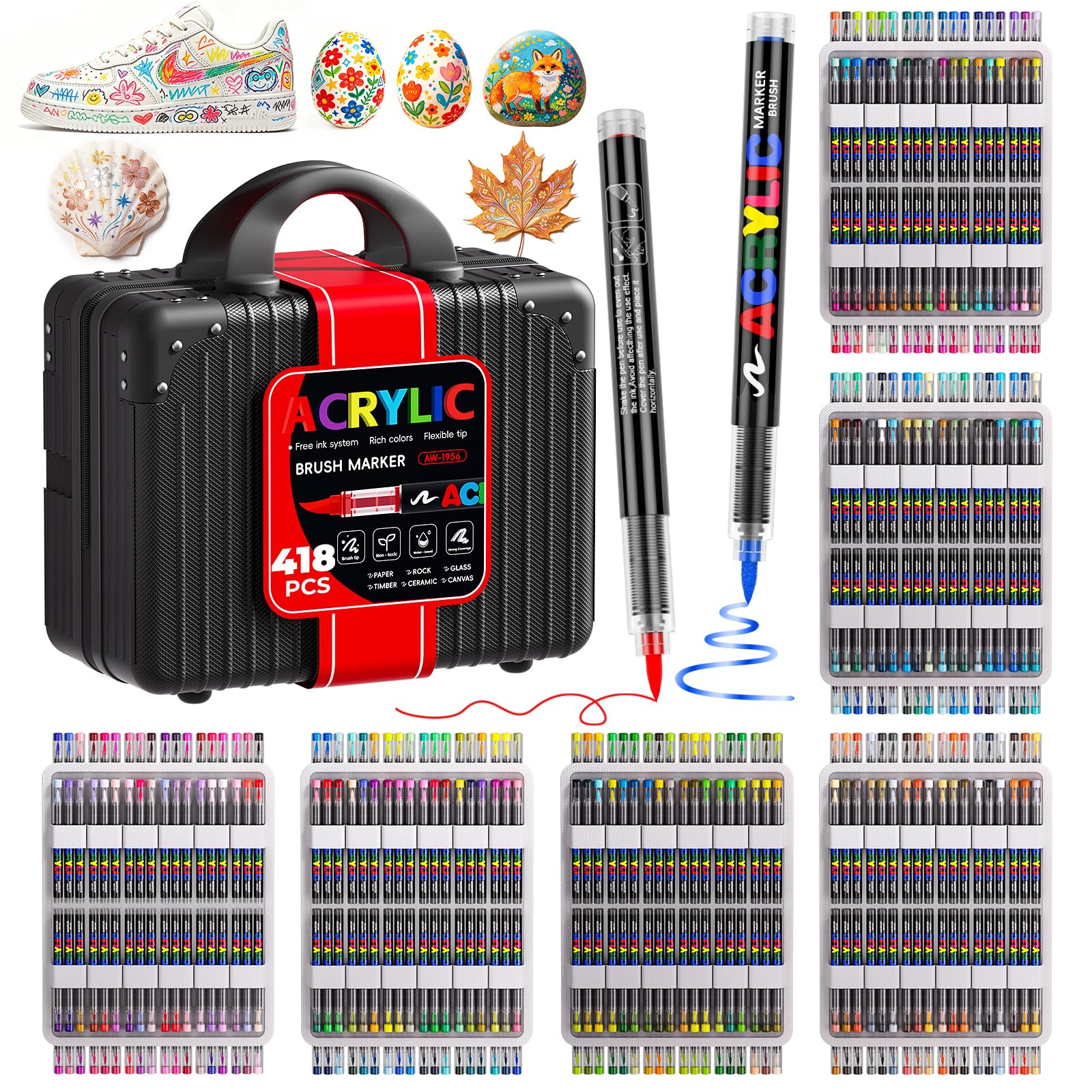 418 Colores Rotuladores Acrílicos, Marcadores Acrílicos, Marcadores Rotuladores Acrílicos con Punta de Pincel Flexible para Pintar Piedra,Tela, Vidrio, Cerámica, Lienzo, Papel, Madera, Metal