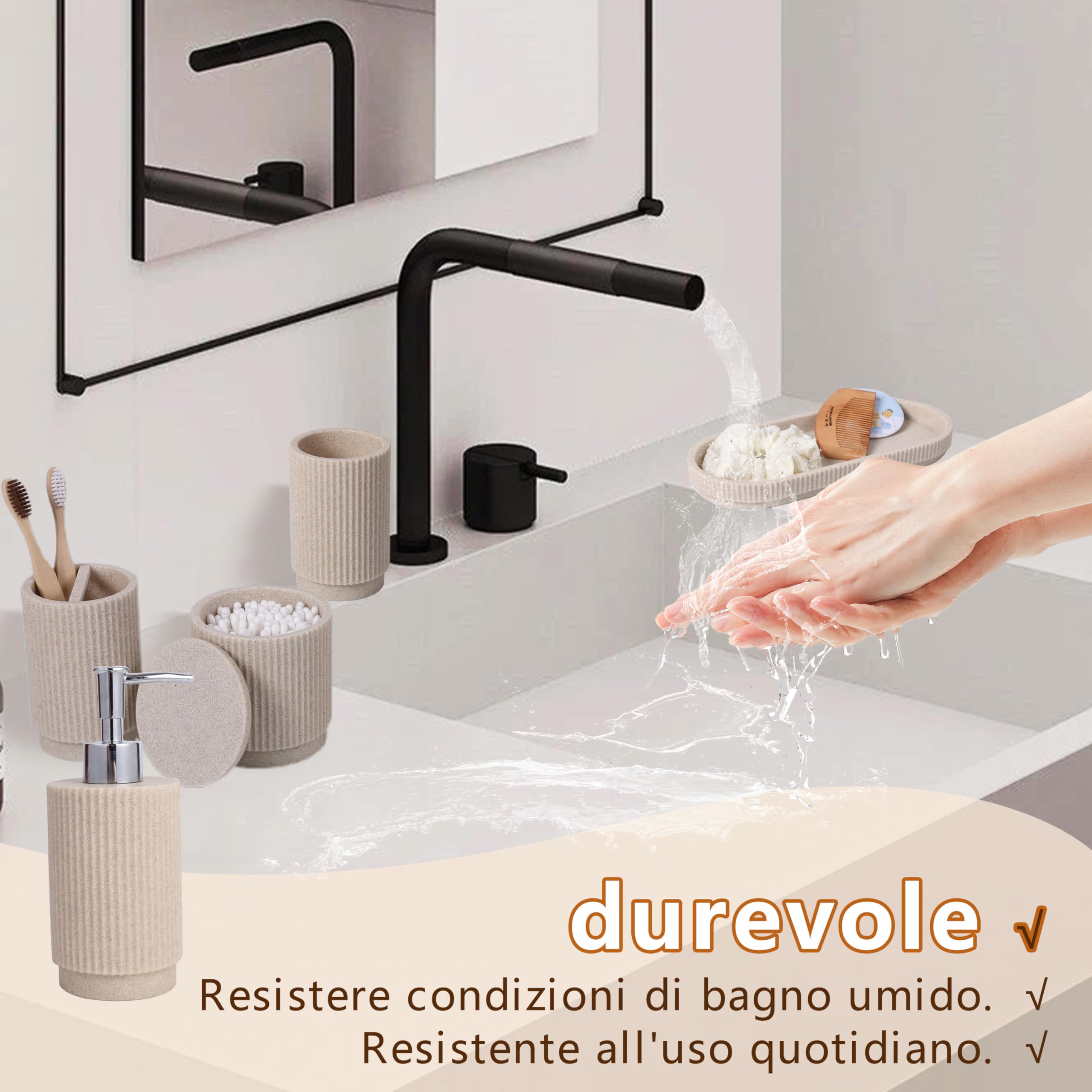 Set Bagno 6 Pezzi – Dispensatore Sapone + Set Bicchiere Dentifricio con Vassoio & Porta Cotton Fioc – Design Righe (Beige), Resina Premium – Include Portaspazzolini & Organizzatore