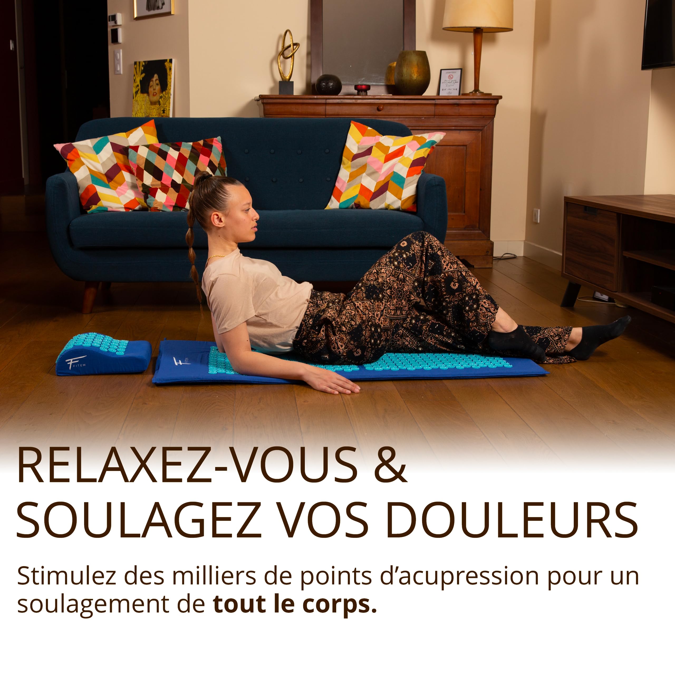 Kit d'acupression XL Fitem - Tapis d'Acupression - Coussin - Boule de Massage - Soulage douleurs Dos et Cou - Sciatique - Massage dos - Relaxation Musculaire - anti stress. (Bleu-Orange)