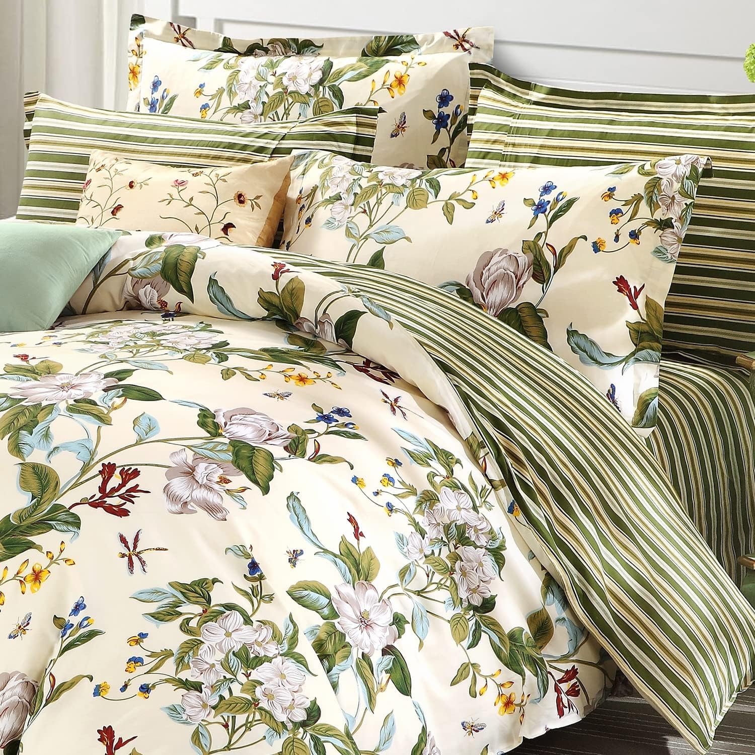 USTIDE Shabby Floral Farmhouse Cotton Duvet Cover Set King - 3pc Reversible Green Beige Striped Bedding (2 Pillowcases, No Comforter)