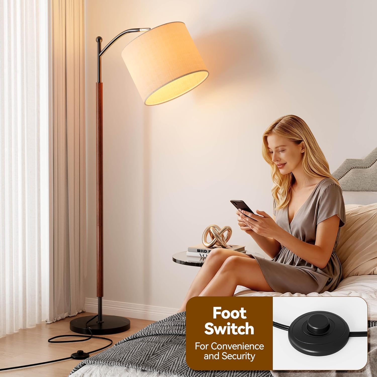 Arc Floor Lamp, Corner Mid Century Modern Floor Lamp, Standing Lamp with Adjustable Hanging Lampshade and Marble Base, Floor Lamps for Living Room, Bedroom, Office, Walnut Brown