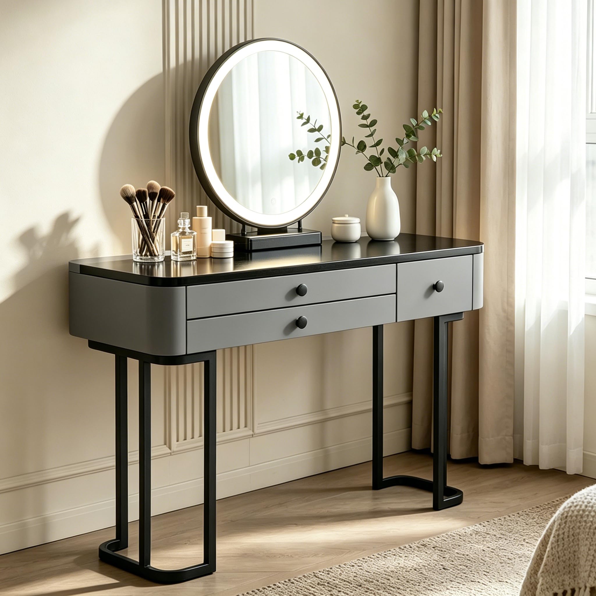 39.4" Dressing Table with Mirror & Lights, Small Vanity Table with 3 Drawers, Modern Makeup Desk with Tempered Glass Top for Bedroom, Pre-Assembled