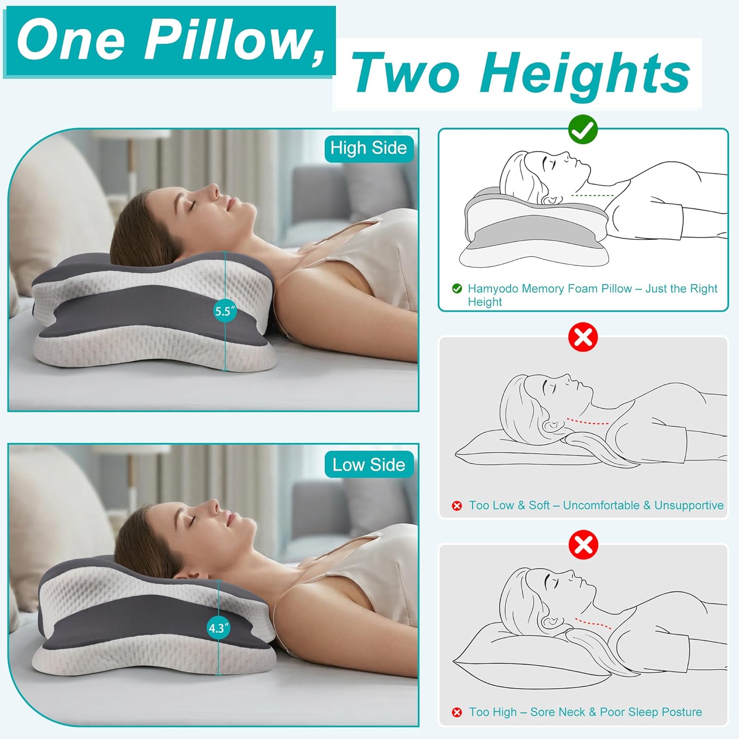 Esup Ergonomic Cervical Neck Pillow for Pain Relief, Memory Foam Orthopedic Bed Pillow, Adjustable Height Contour Pillow for Sleeping, Ideal for Side, Back, and Stomach Sleepers (Gray)