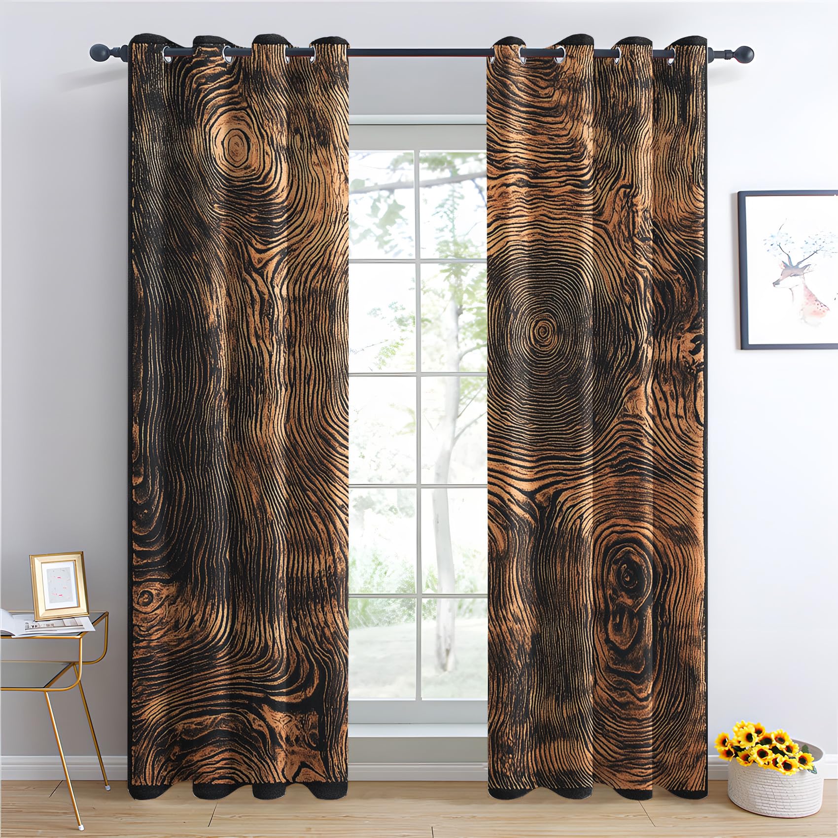 Luxfieo Wood Grain Blackout Curtains for Living Room Bedroom - 72 Inch Drop Curtains 66x72, Rustic Tree Ring Brown and Black Patterned Window Treatments, Thermal Eyelet Drapes 2 Panels U#56