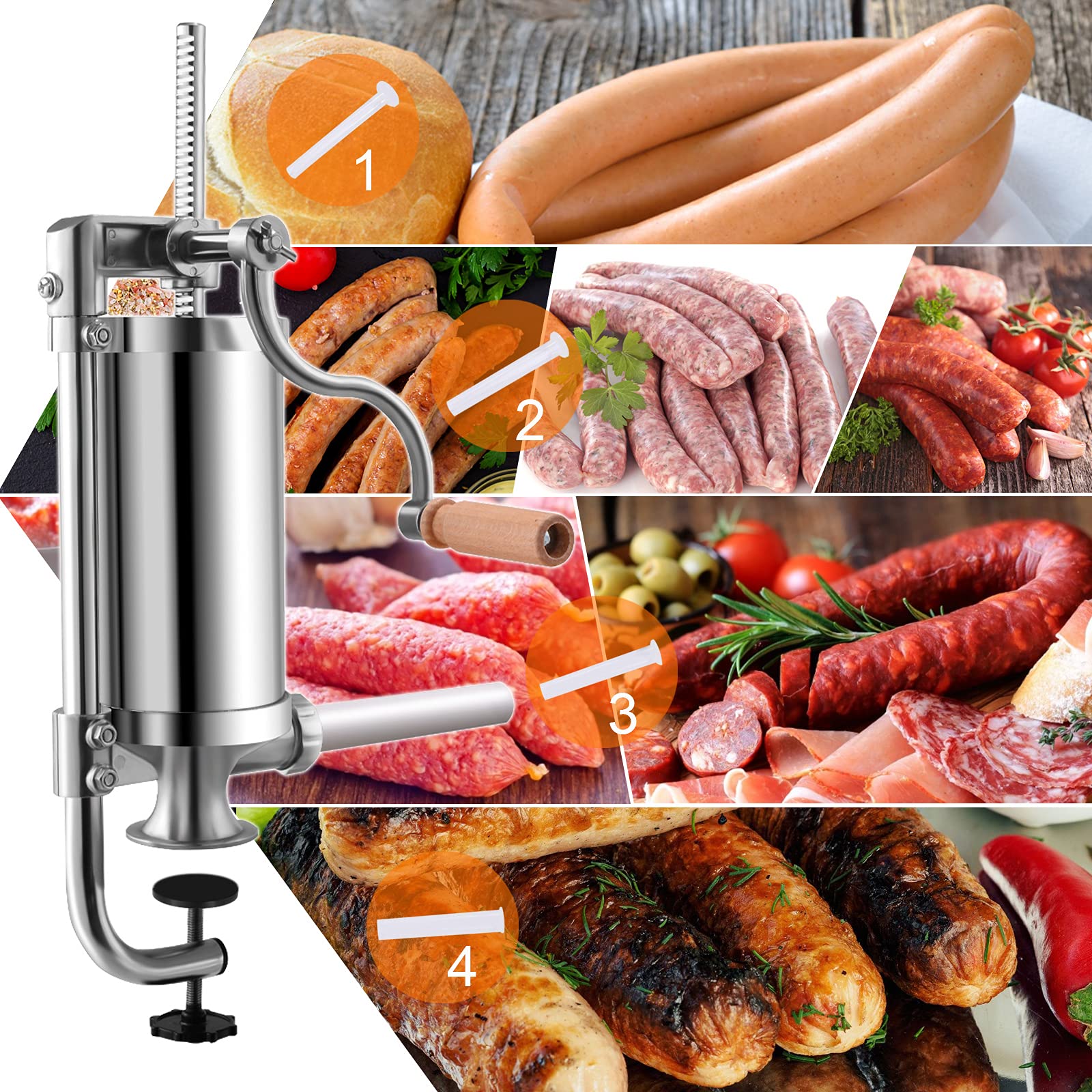 RELAX4LIFE Insaccatrice Manuale per Salsiccia in Acciaio Inox, Macchina di Produzione di Salsiccia con Tubi di Diversi Diametri, Fissaggio al Piano di Lavoro Regolabile, 1,5/2,5/3/5 KG (1,5 KG)