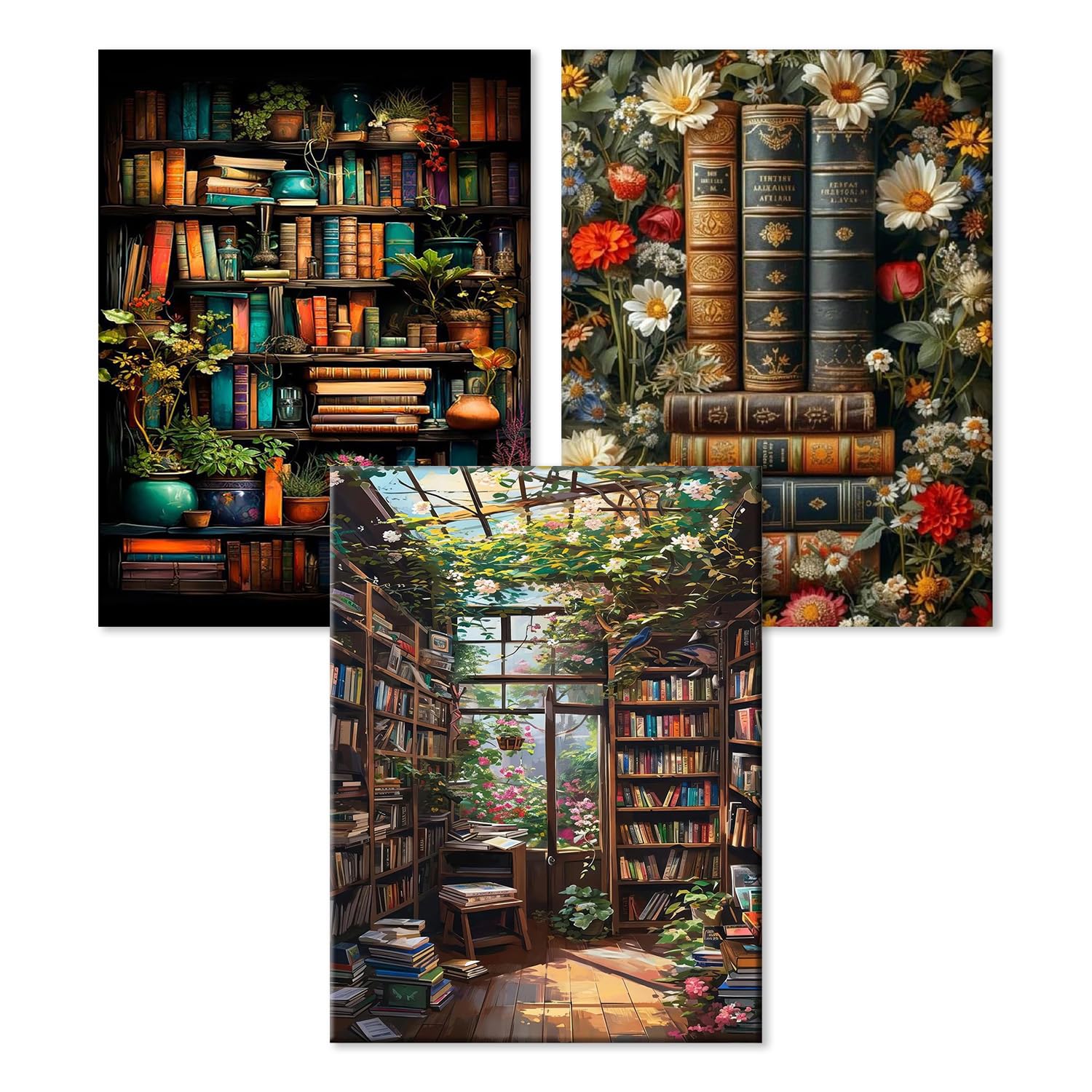 WEMEON 3 Stück Malen Nach Zahlen Erwachsene(30X40cm)- Bücherregal Malen nach Zahlen, Malen Nach Zahlen Kit mit 9 Pinseln, Acrylfarben Handgemalt Ölgemälde Leinwand für Home Decor