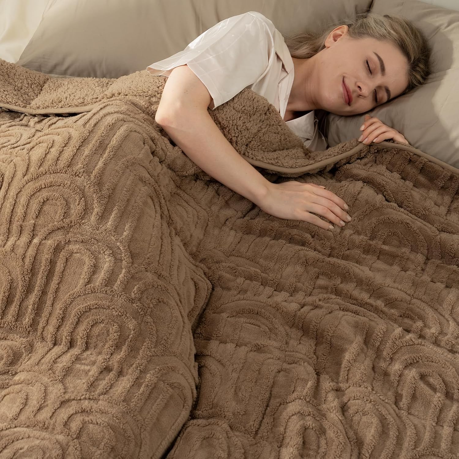 Cottonblue Jacquard Weighted Blanket for Adults 20 lbs Queen Size, Cozy Fluffy Sherpa Fleece Weighted Throw Blankets 60" x 80" for Sleep Relax, Fuzzy Warm Arch Heavy Blanket Soft for Bed Couch, Khaki Khaki 60*80-20 lbs