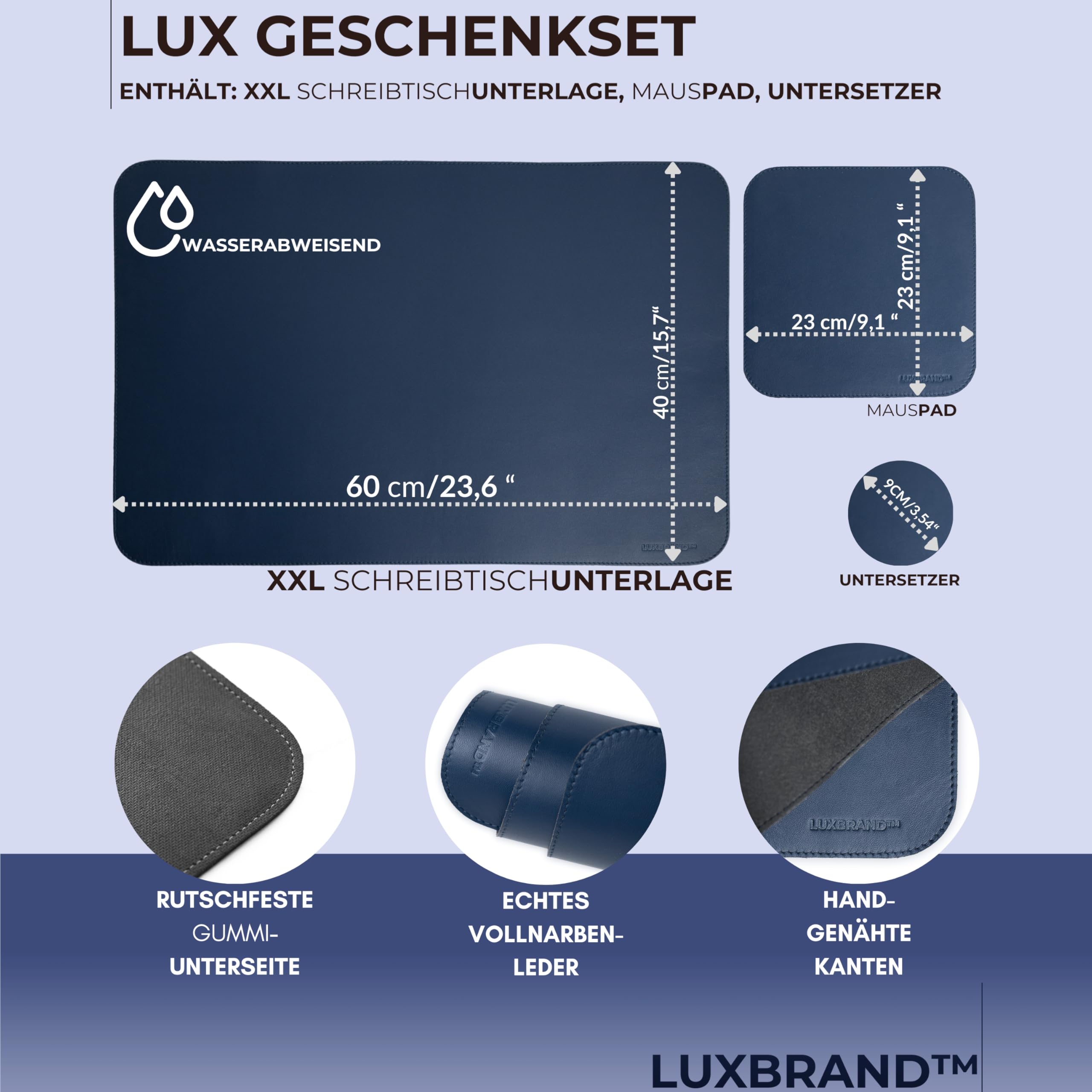 Schreibtischunterlage aus Echtem Leder - 2-teiliges Set XXL Mit Mauspad, Tastatur- und Mausunterlage, PC, Made in Italy (Blau)