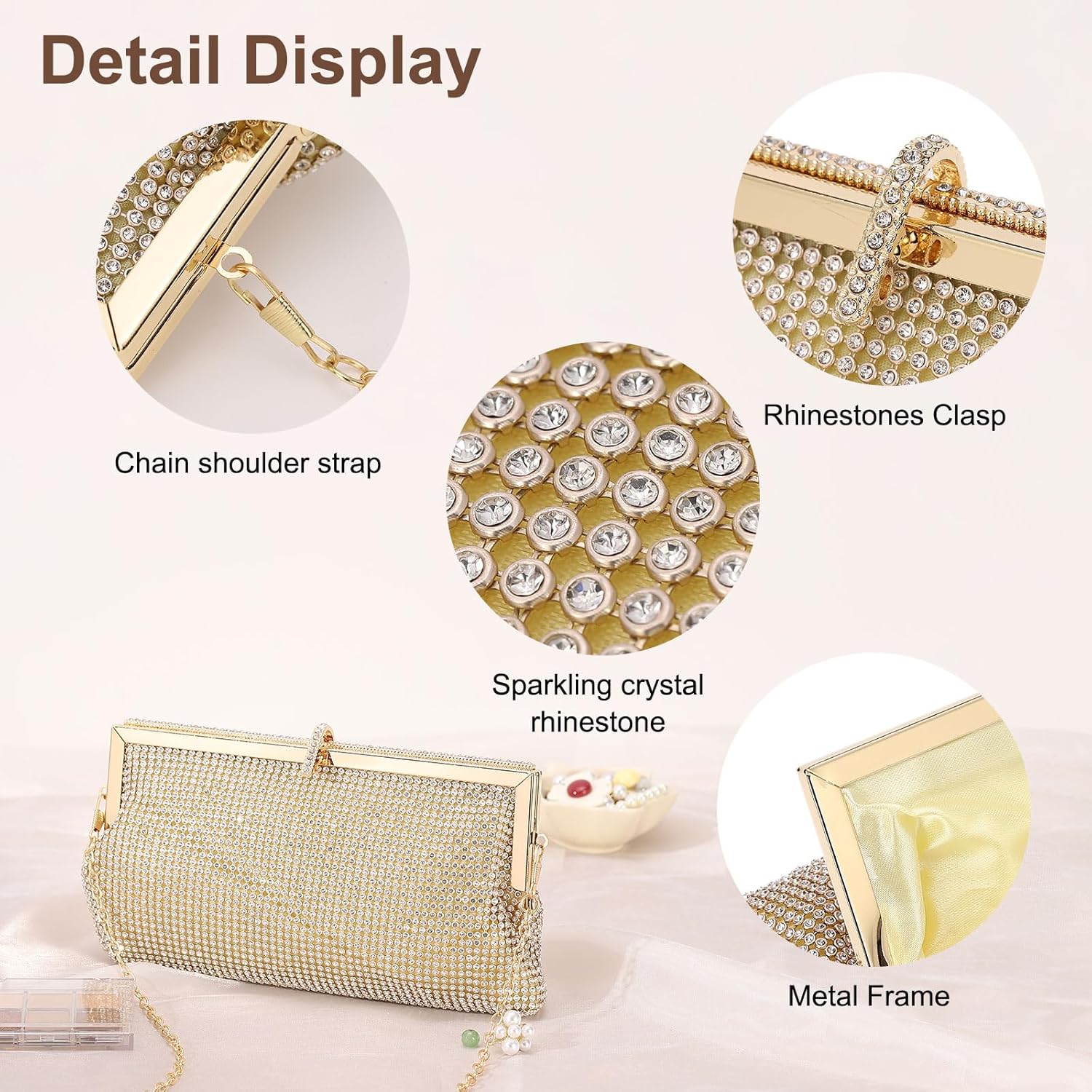 Evening Bags Clutch Purses for Women Formal, Metallic Purses Crystal Rhinestone Crossbody Handbag with Chain Shoulder Bag Sparkly for Wedding Guest Party Gold - Image 4