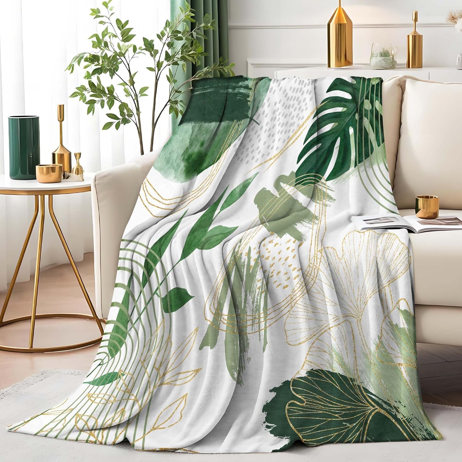 Sage Green Leaf Twin Blanket Mid-Century Green and Gold Boho Flannel Blankets for Bed Living Room Sofa, Decorative Patterned Super Soft Cozy, 60x80 in - Image 3