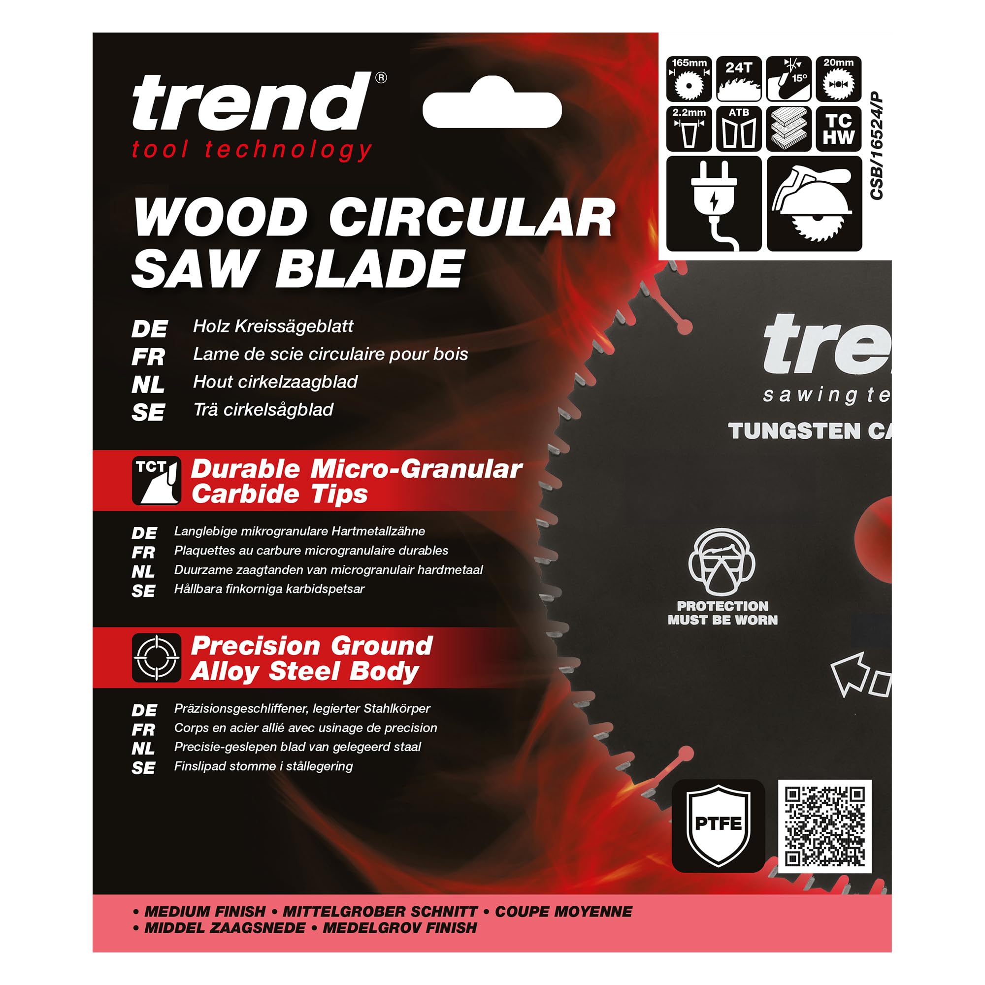 Trend Holz PTFE Kreissägeblatt, 165mm Durchmesser, 20mm Bohrung, 24 Zähne, HW, 2,2mm Schnittbreite, CSB/16524/P