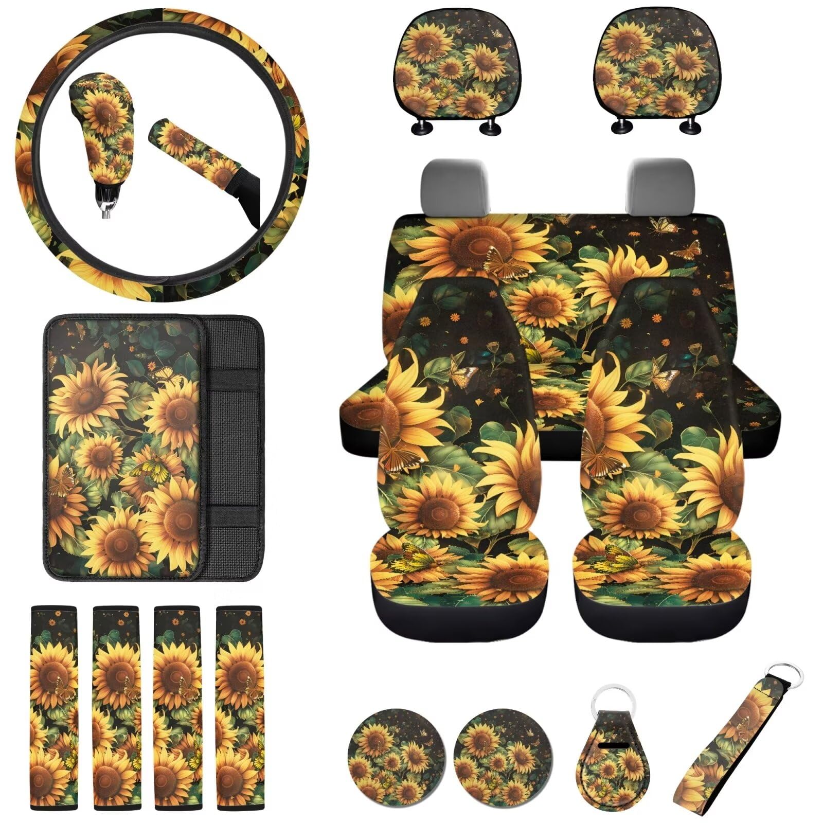 Sunflower Car Seat Covers Full Set 12 Pcs - Dog Paw Print, Includes Seat Protectors, Steering Wheel Cover, Accessories
