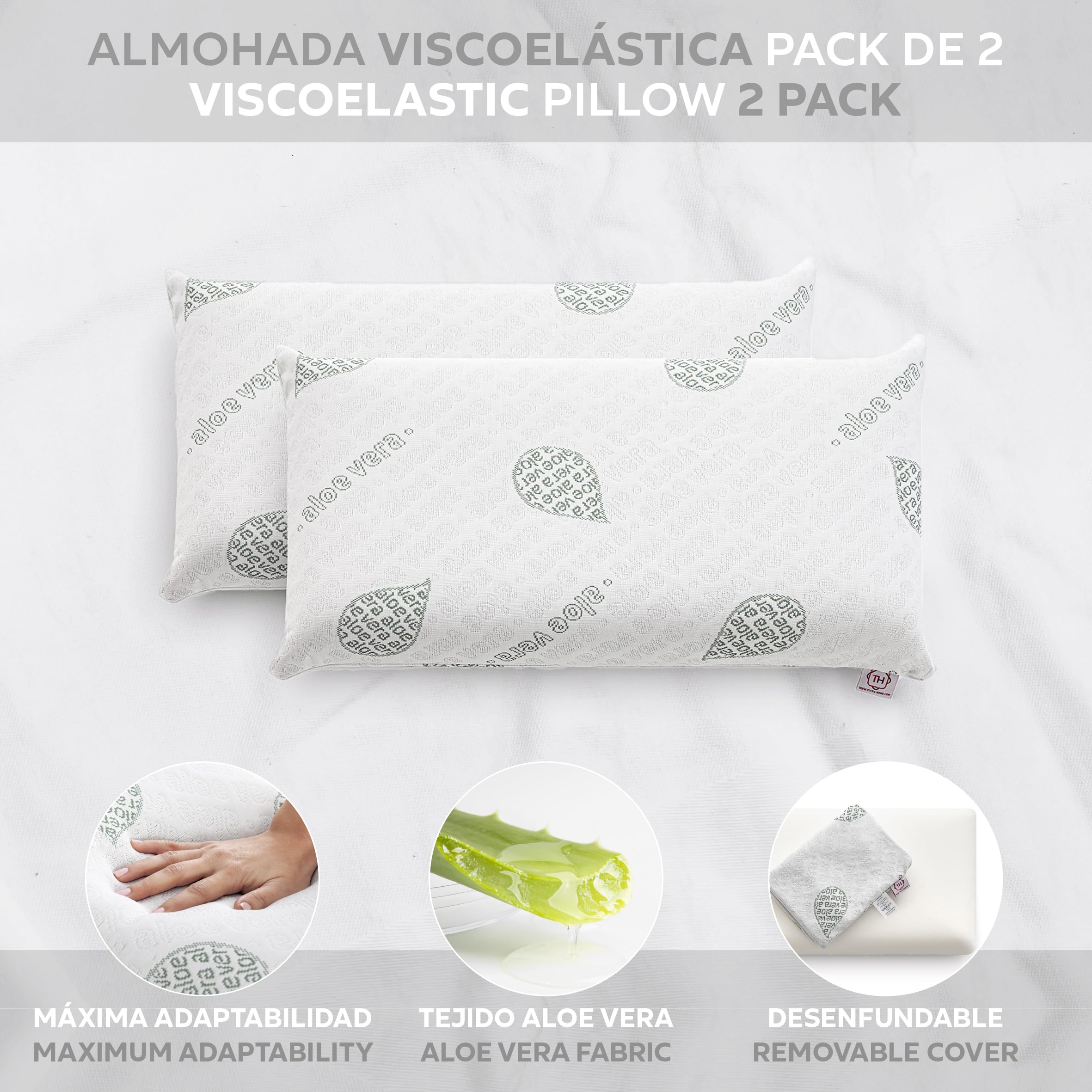 Textilhome Pack 2 Unidades Almohada Viscoelástica 75 cm, Núcleo de Visco Puro 100%, Funda con Cremallera Lavable, Tejido Ecológico Aloe Vera Stretch Transpirable, Hipoalergénico y Ergonómica.