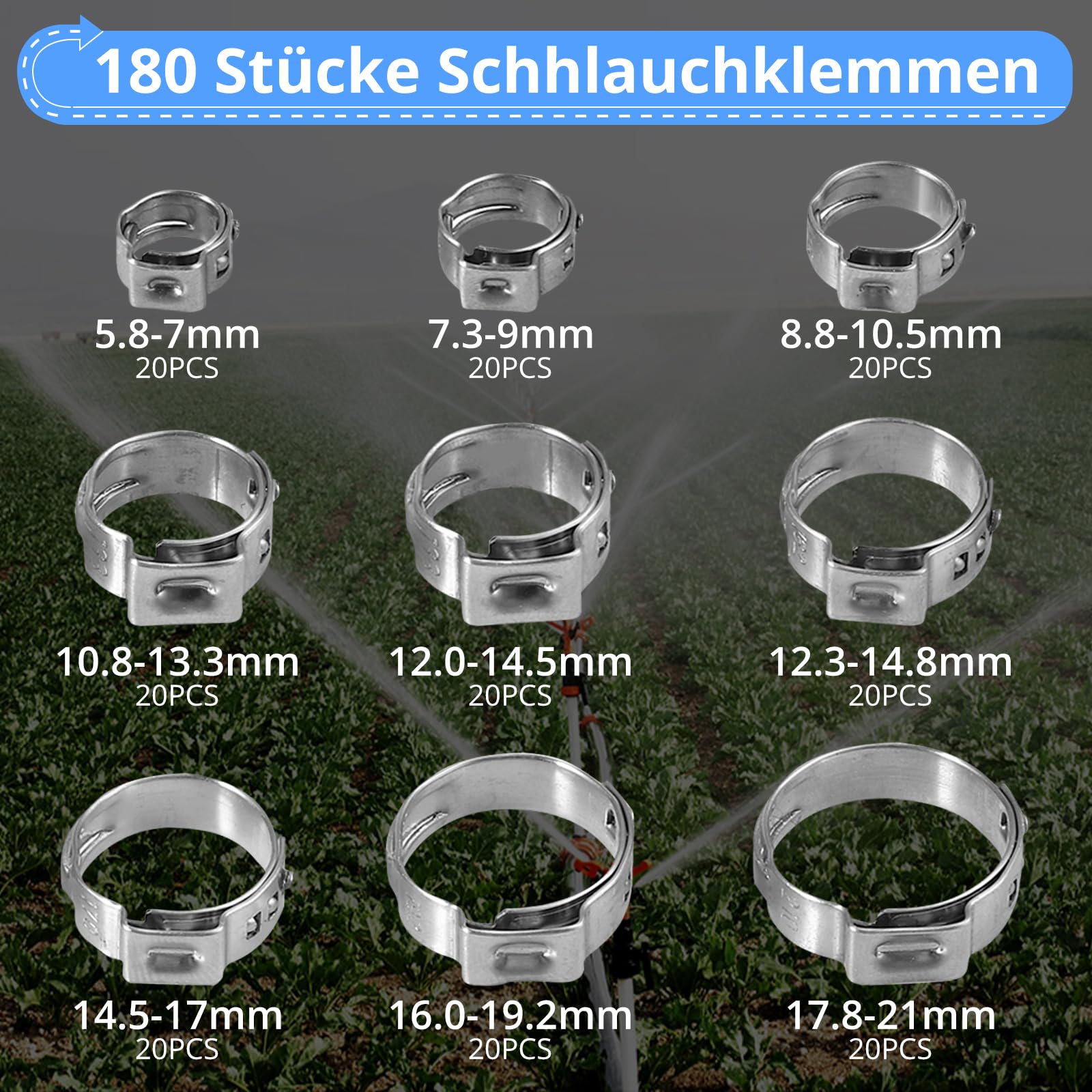 CAMWAY Einzelohr Stufenlos Schlauchschellen Set, 180 Stücke Schhlauchklemmen 5,8-21mm(9 Größen) aus 304 Edelstahl + Ohrklemmenzange Schlauchschellenzange Einzelohrschlauchklemme Crimper Werkzeug Kit