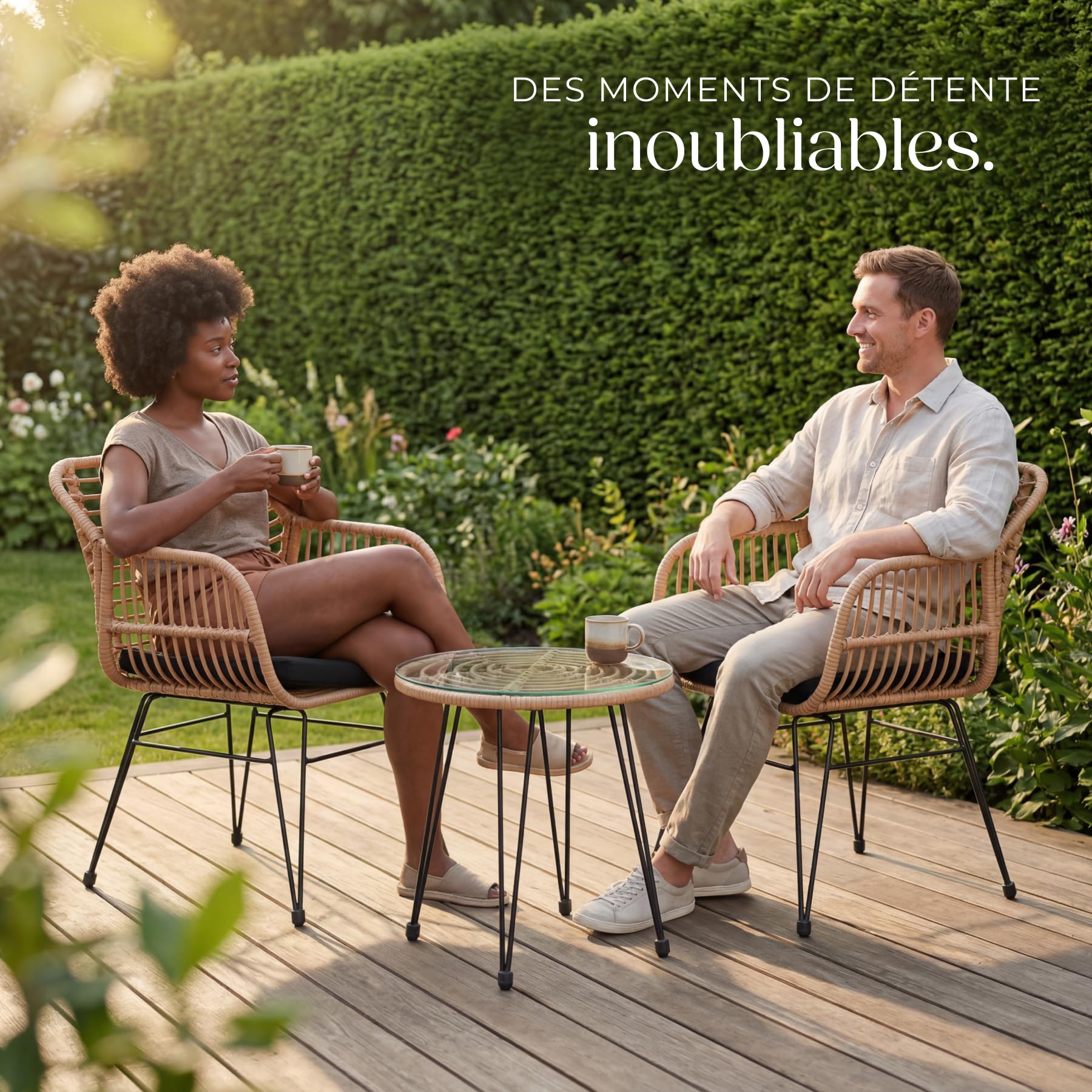 tectake® Salon de Jardin Extérieur en Poly Rotin Set de 3 pcs, Ensemble 2 Fauteuils Salon et Table de Jardin avec Plateau en Verre de sécurité, Coussins Amovibles Inclus, Amenagement Balcon Terrasse