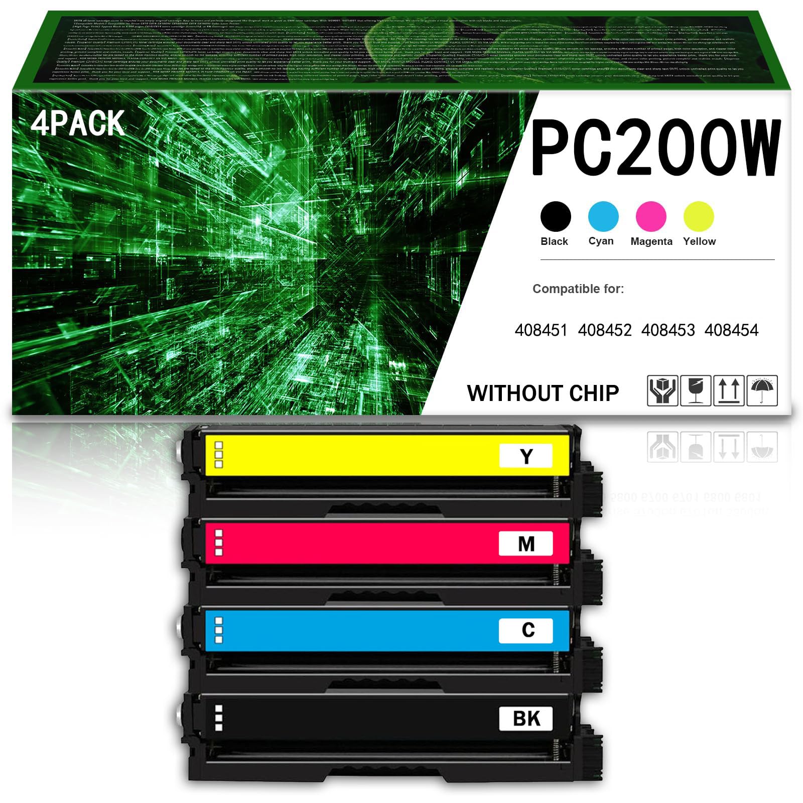 Zgodne wkłady z tonerem Zamienniki dla wkładów z tonerem RICOH PC200W 4 sztuki Pracują dla drukarek RICOH MC240FW PC200W Series Tusz o dużej wydajności (bez chipa),4Color-4500Page