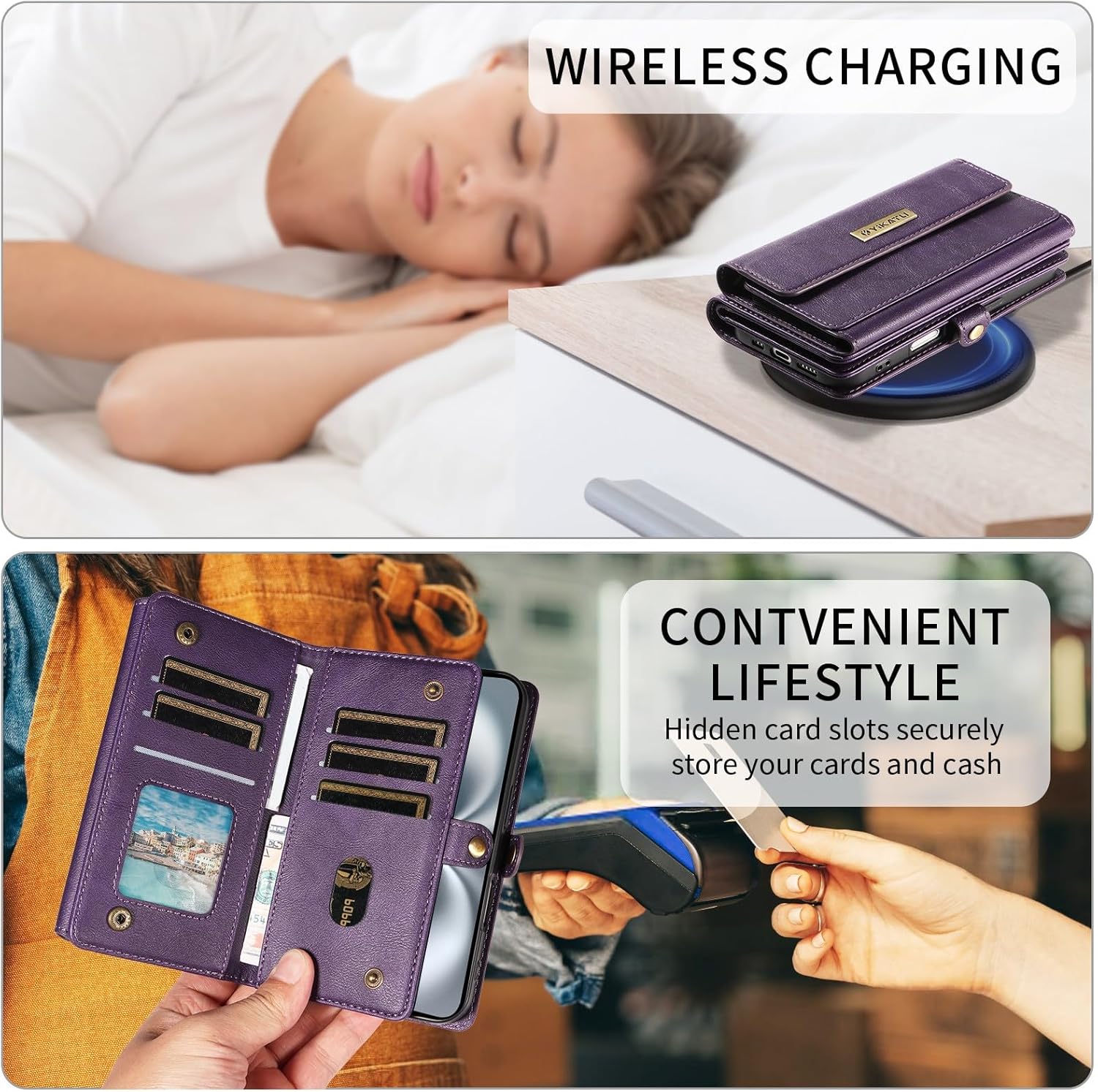 iPhone 15 Pro Max用ケース(カラー:グリーン) RFIDクロスボディストラップレザー多機能ウォレットフリップバックケ