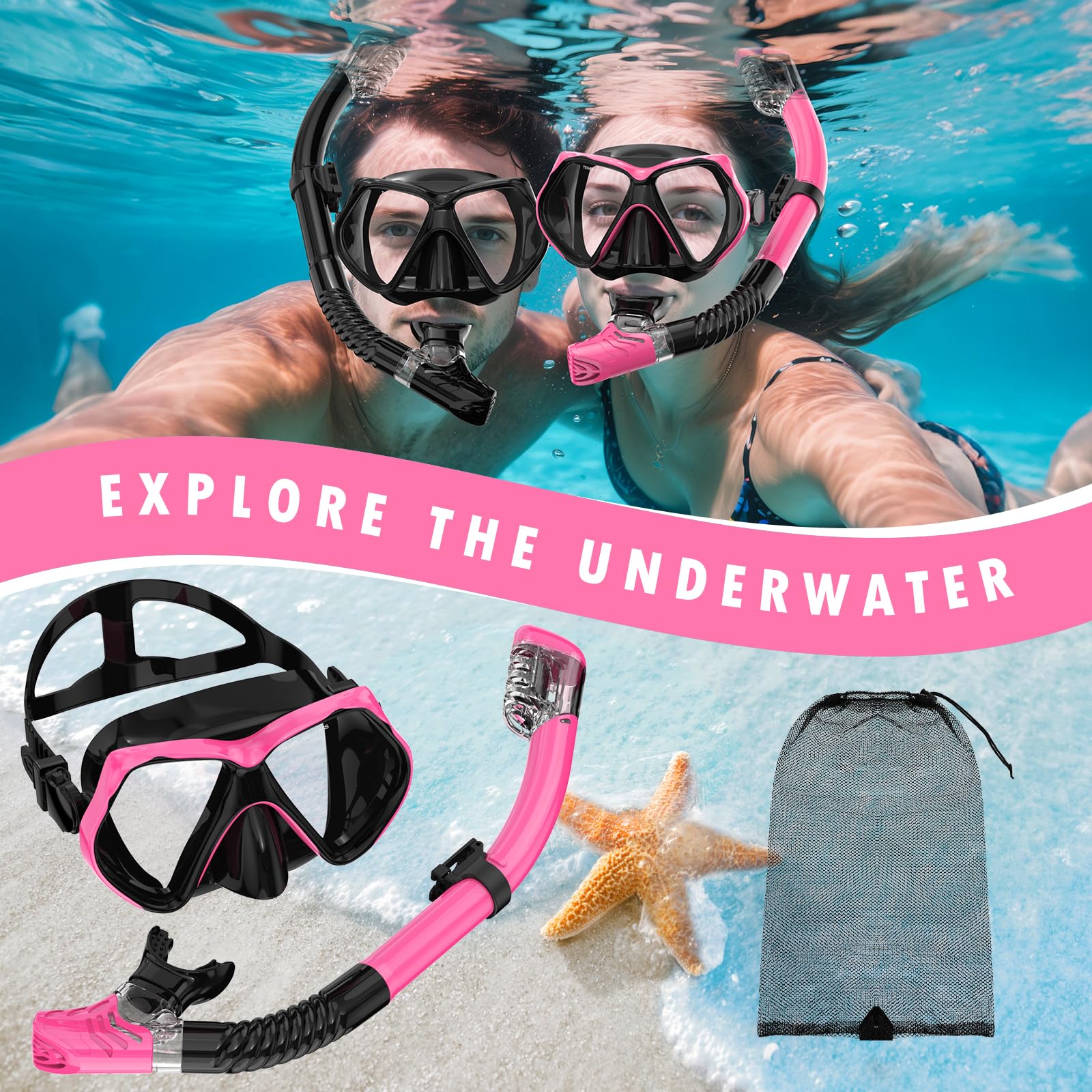 Equipo de esnórquel para adultos, juego de máscara de buceo con parte superior seca, gafas de natación para adultos con cubierta de nariz, vidrio templado HD panorámico antifugas, antivaho, paquetes