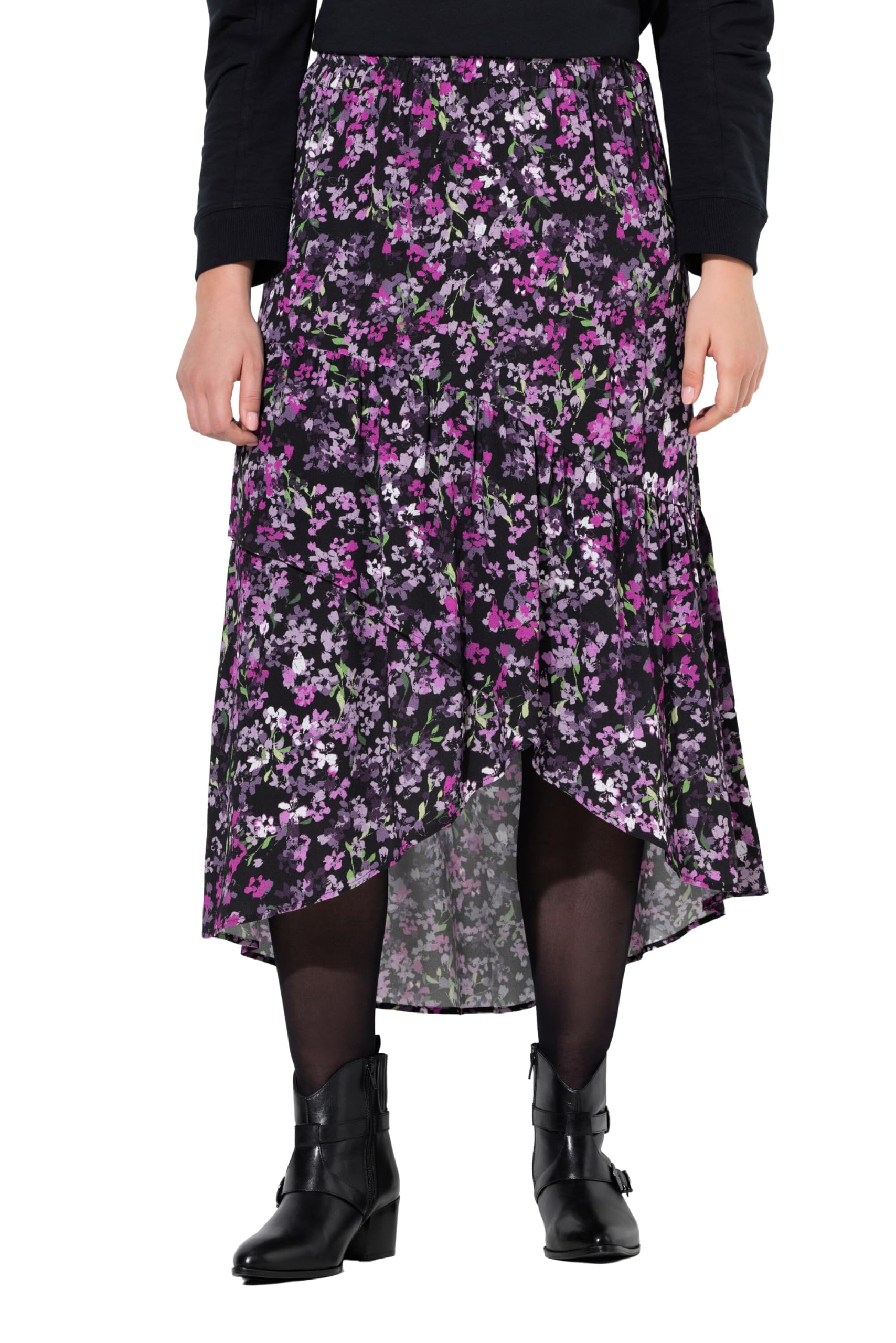 Ulla Popken Damen große Größen Übergrößen Plus Size Maxirock, Blüten, A-Linie, Elastikbund, asymmetrisch 845827