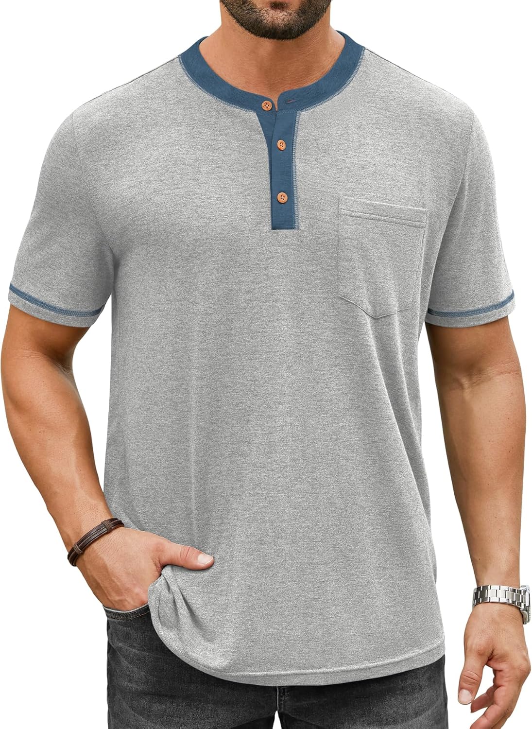 Hardaddy Men's Short Sleeve Henley Shirts Casual Color Block T-Shirts Button Henley Tee with Pocket
