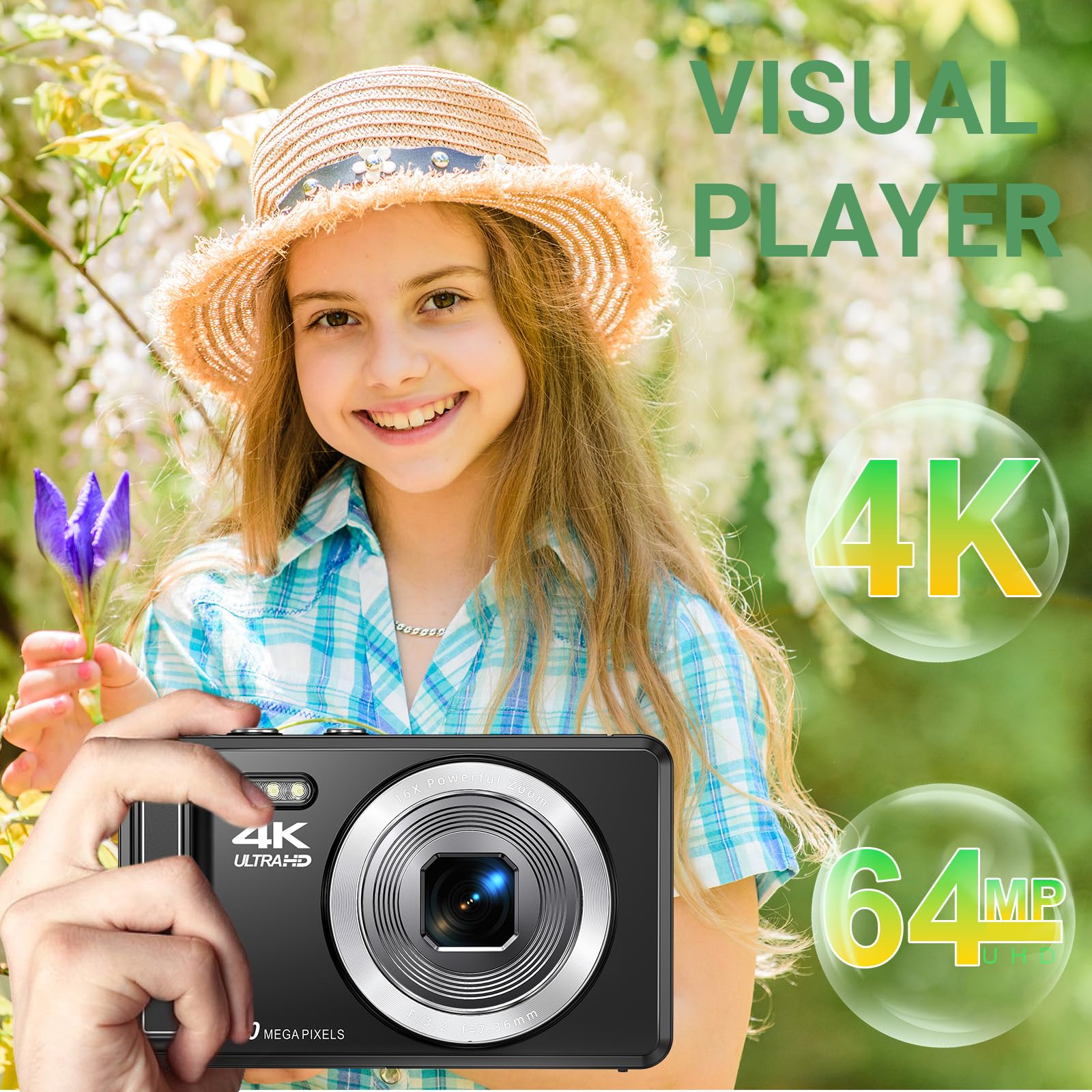 Fotocamera digitale 4K 64 MP con scheda micro SD, messa a fuoco automatica, zoom digitale 16x, fotocamera compatta portatile con batteria da 1200 mAh, cavo USB, per adolescenti, adulti e principianti