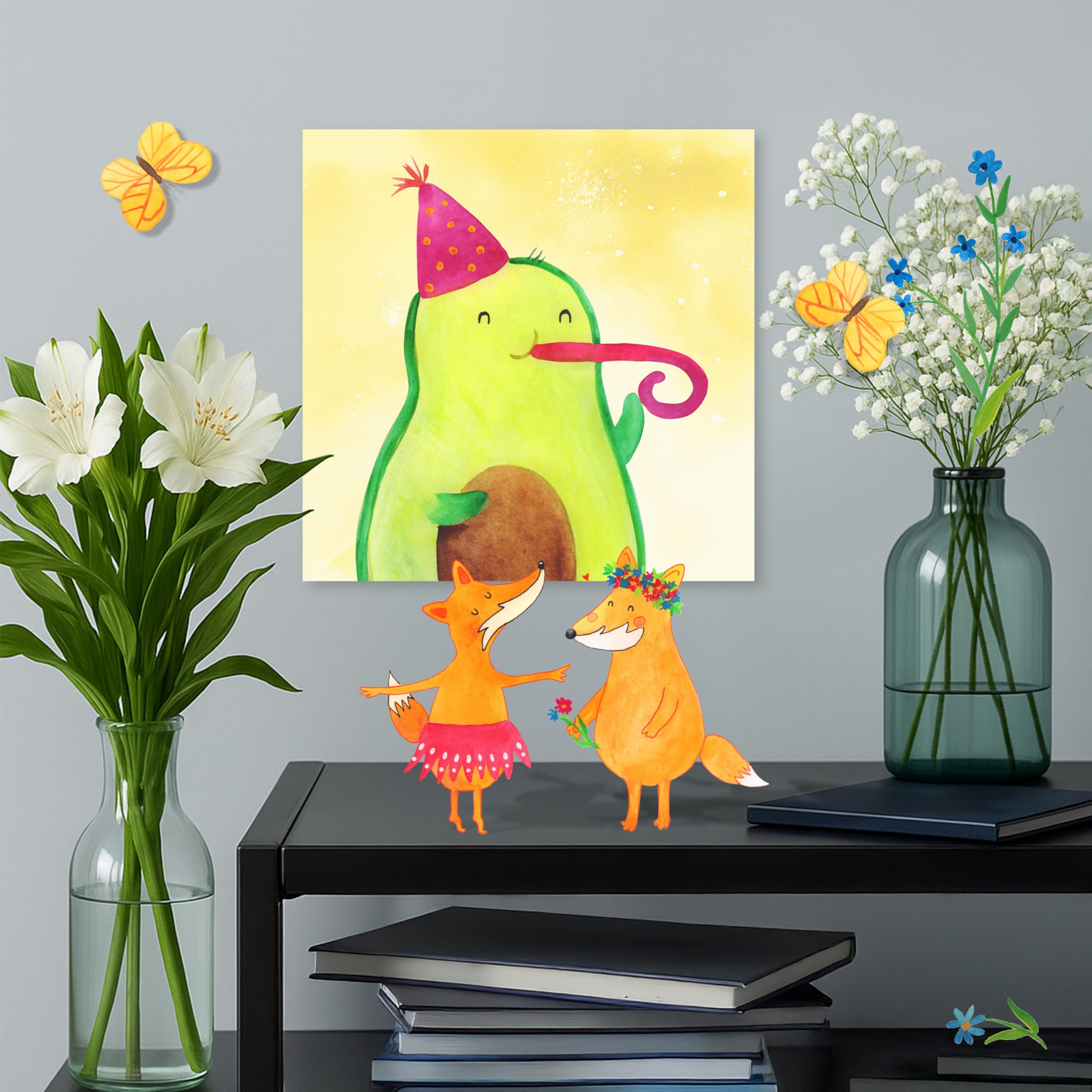 Mr. & Mrs. Panda Malen nach Zahlen Avocado Feier Motiv 40 x 40 cm Mit Rahmen - Geschenk, diy set, Gute Laune, Zahlenbild, Party, leinwand malerei, Fete, Geburtstag, Tröte