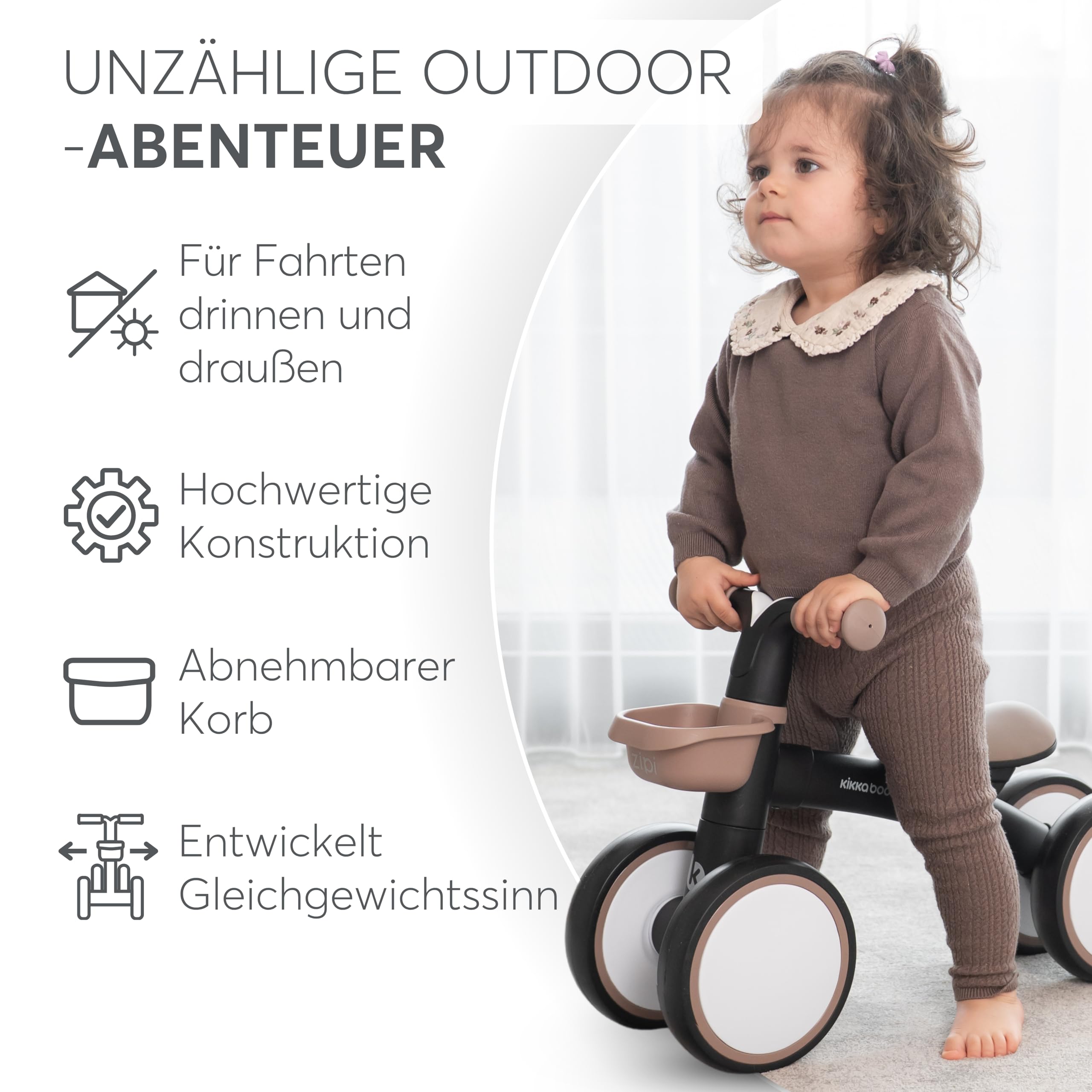 KikkaBoo ZIPI Fahrrad Ohne Pedale, Laufrad mit Korb, Einstellbar, Kinderspielzeug, Baby-Geschenk