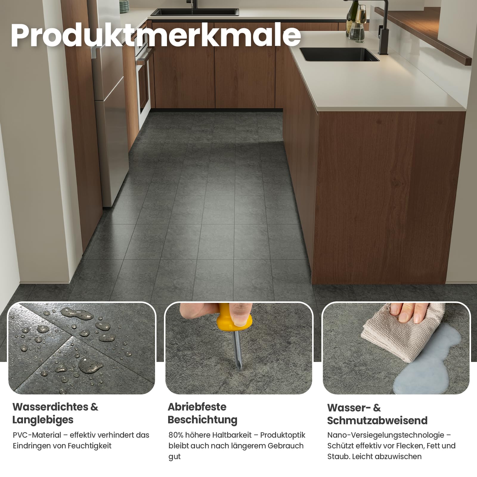 PVC Bodenbelag - Vinylboden Selbstklebend, Extra Abriebfest, Wasserdicht Grau Marmor-Effekt für Küche, Badezimmer, Schlafzimmer 30x15cm 40 Stück