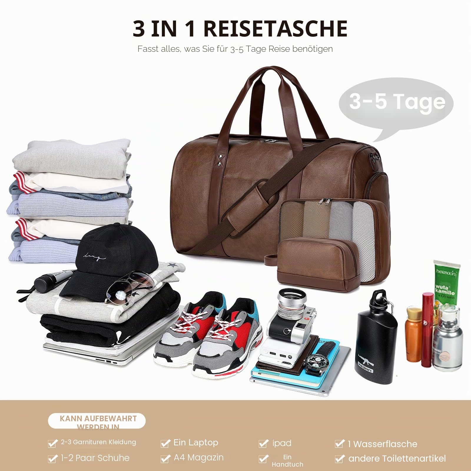 Wogarl Wochenendtaschen für Damen, große Übernachtungstasche, Wochenend-Reisetasche, Schultertasche, mit Schuhfach, 3 Stück, Kaffee, Large, modisch