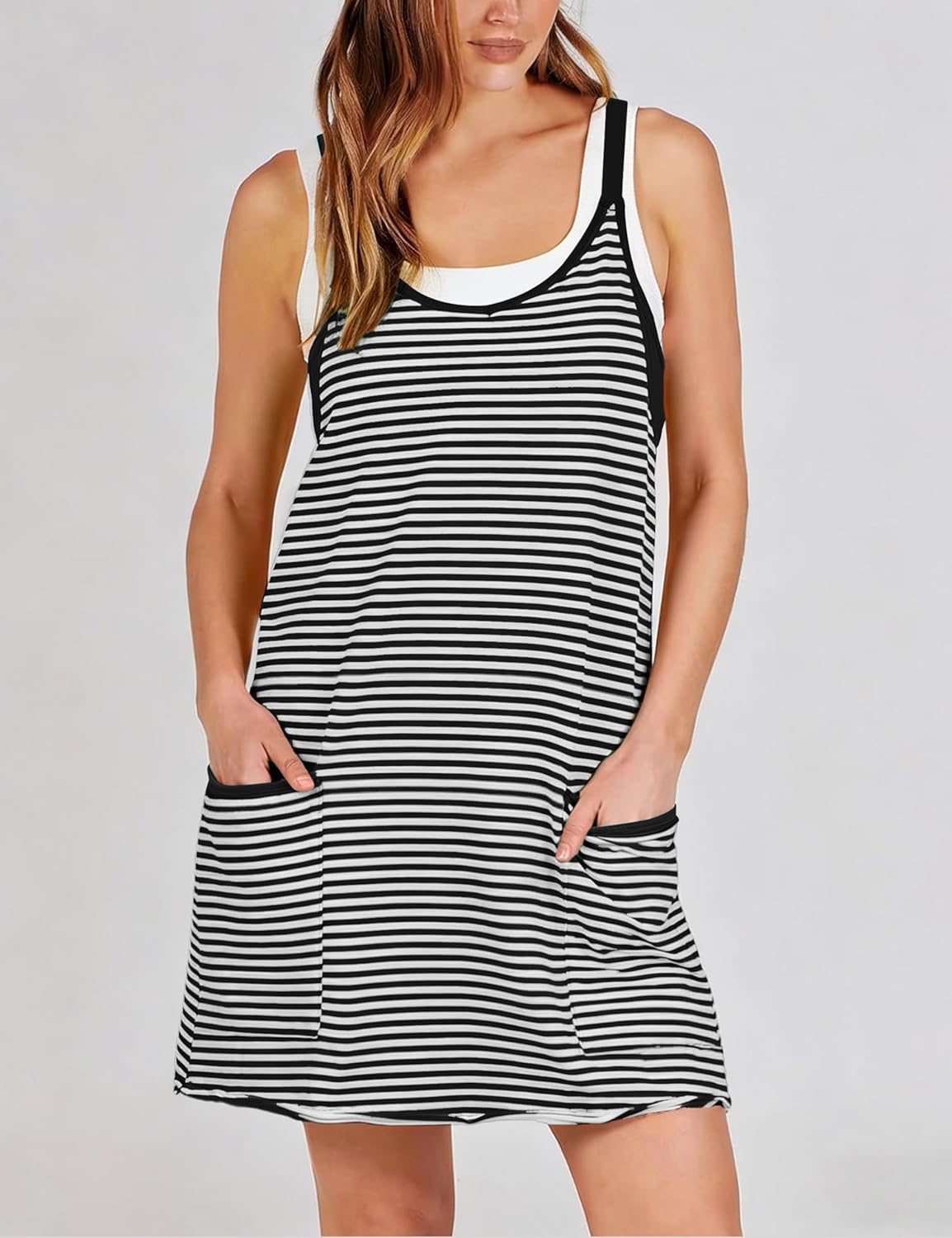 Zhiyouni Women's Summer Athletic Mini Dress Sleeveless V Neck Built-in Shorts Striped Tennis Workout Vacation