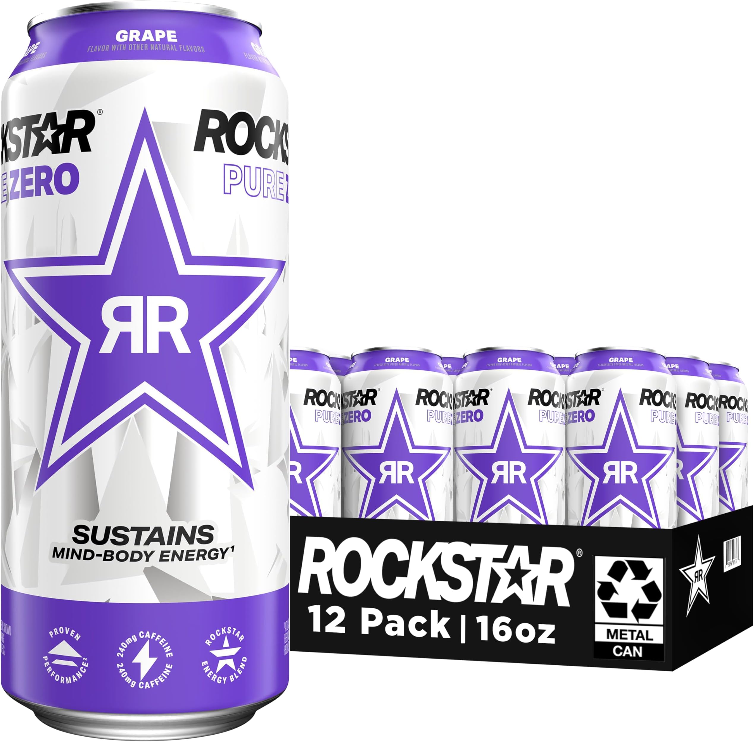 Rockstar Pure Zero Energy Drink, Grape, 0 Sugar, with Caffeine and Taurine, 16oz Cans (12 Pack) (Packaging May Vary)