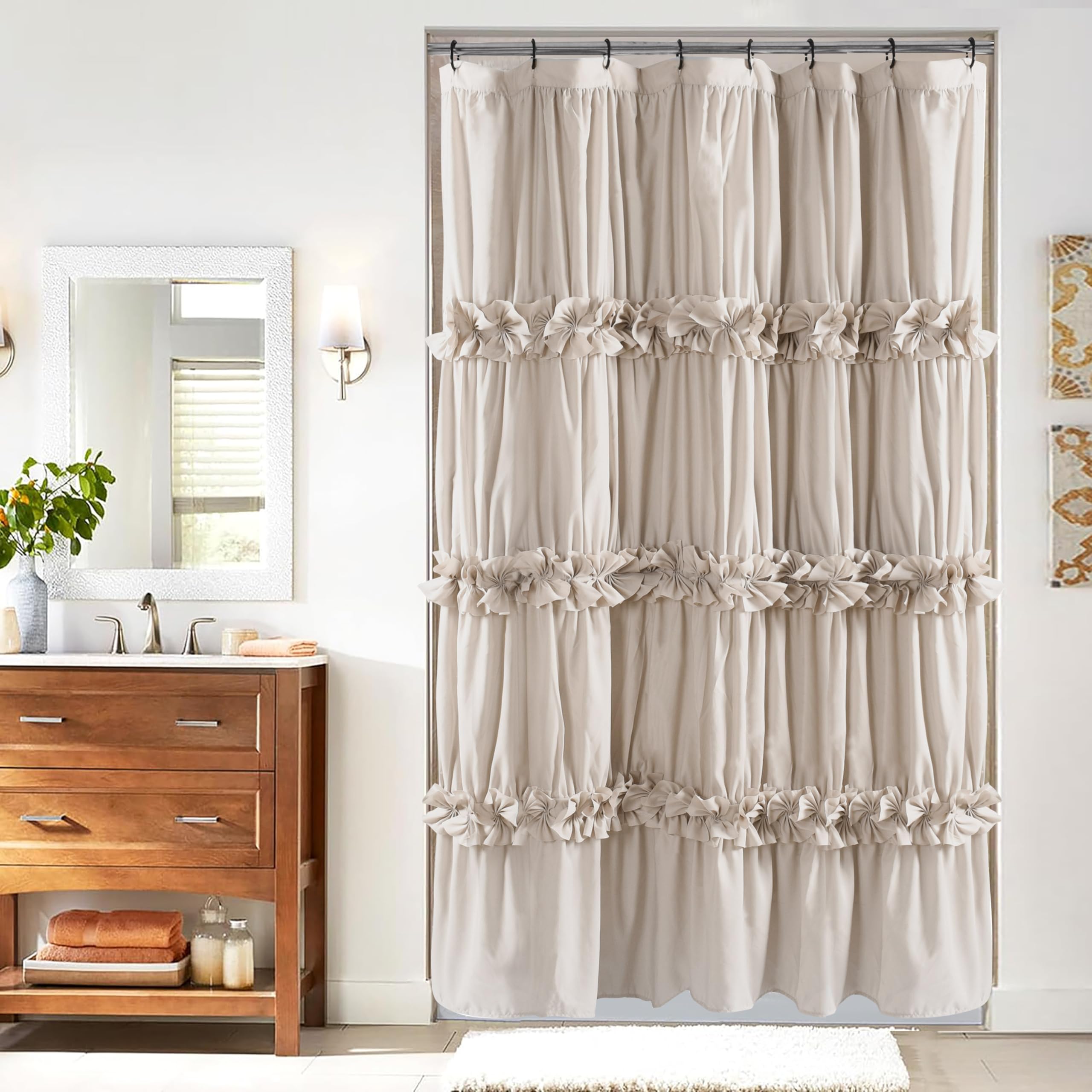 Homechoice Decor Camel Ruffle Stall Shower Curtain, Vintage Handcrafted Bow Tie Bath Curtain for Master Bathroom, Ruched Microfiber Bathroom Curtain