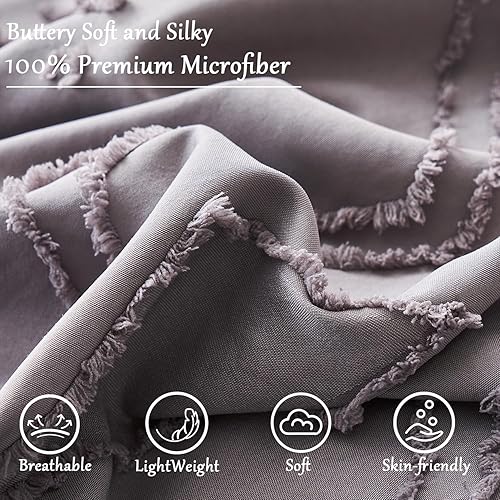 Miniatura 5 de Senville Juego de funda de edredón gris bohemio tamaño Queen, juego de funda de edredón con textura geométrica de pompones, 3 piezas, microfibra