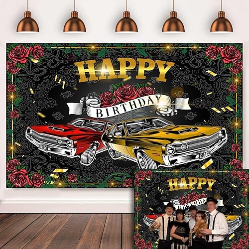 Miniatura 3 de Telón de fondo retro para automóvil de 9 x 6 pies para fiesta de cumpleaños, fiesta temática de los años 50, suministros de decoración de fiesta